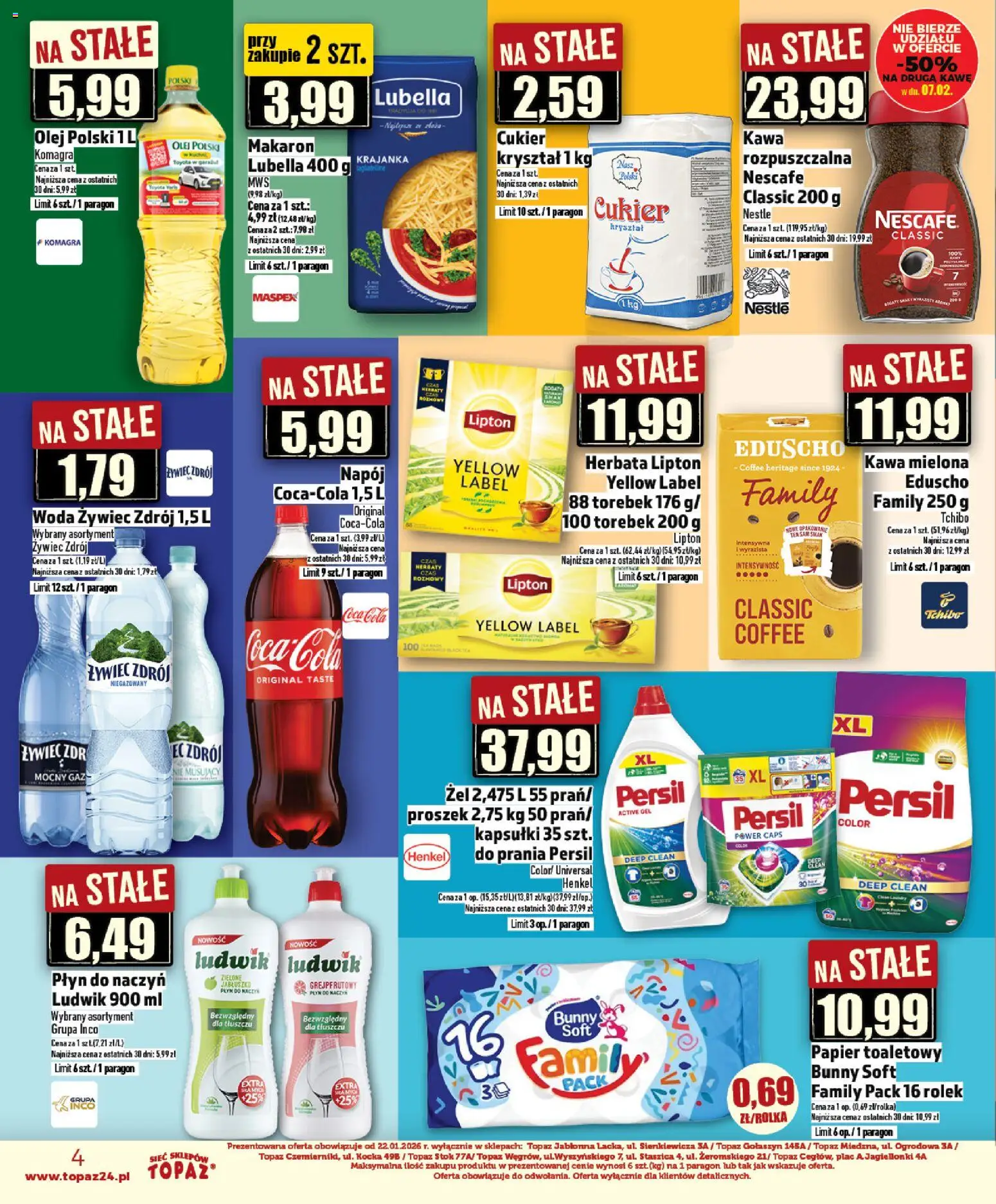 Topaz Gazetka - Ceny małe na stałe od 05.02.2026 | Strona: 4 | Produkty: Persil, Coca cola, Makaron, Woda