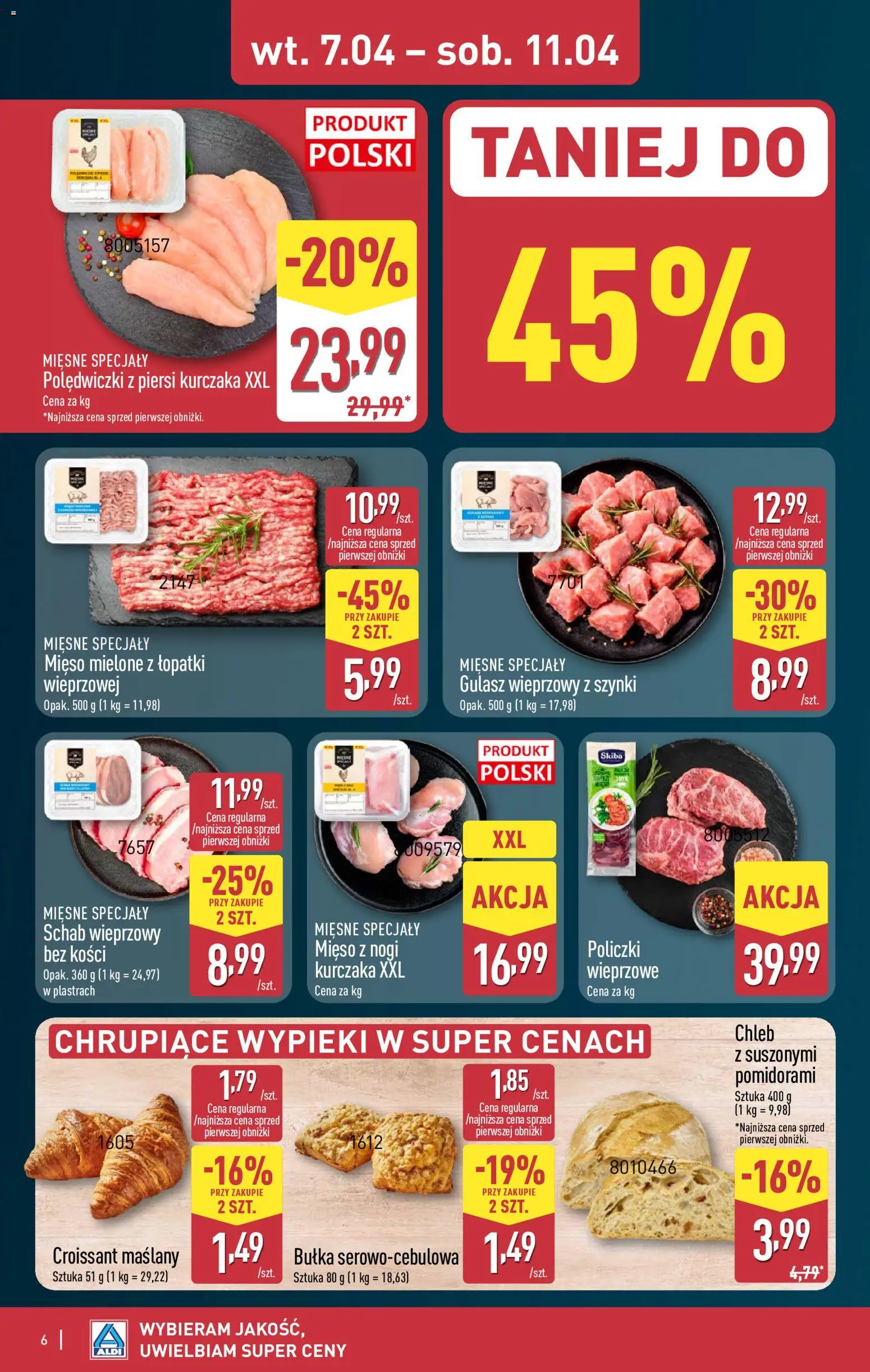 Aldi gazetka od 07.04.2026 | Strona: 6 | Produkty: Mięso, Schab wieprzowy, Bułka, Chleb