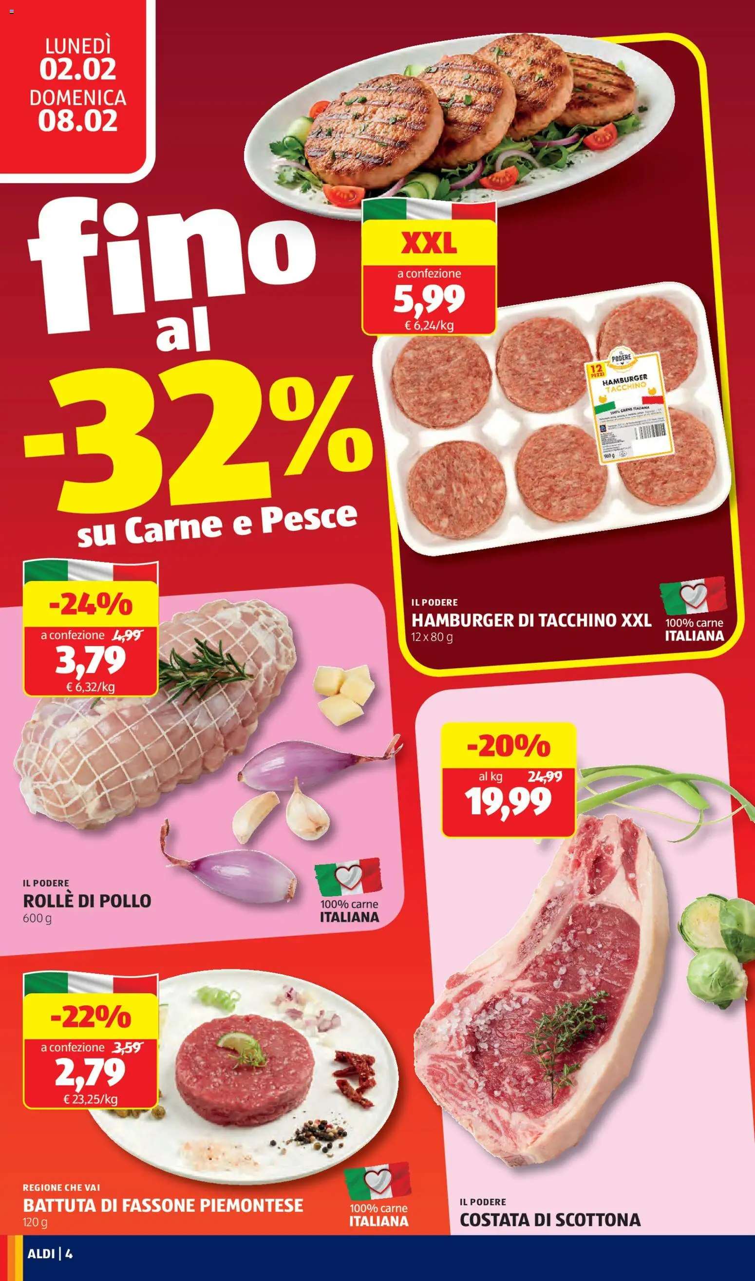 Volantino Aldi del 02.02.2026 | Pagina: 4 | Prodotti: Pollo, Pesce, Tacchino, Hamburger