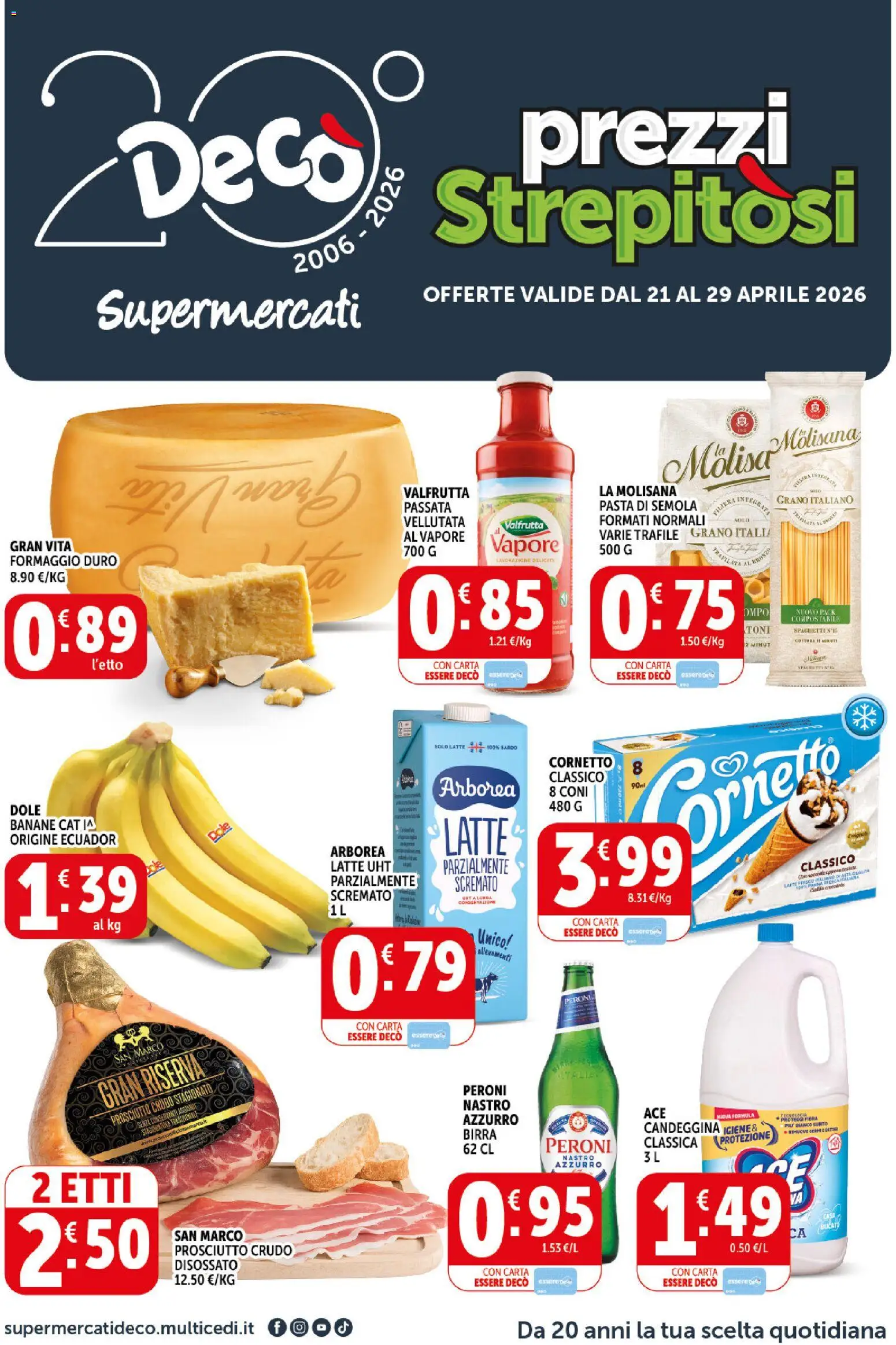 Volantino Decò del 21.04.2026 | Pagina: 1 | Prodotti: Birra, Candeggina, Latte, Prosciutto