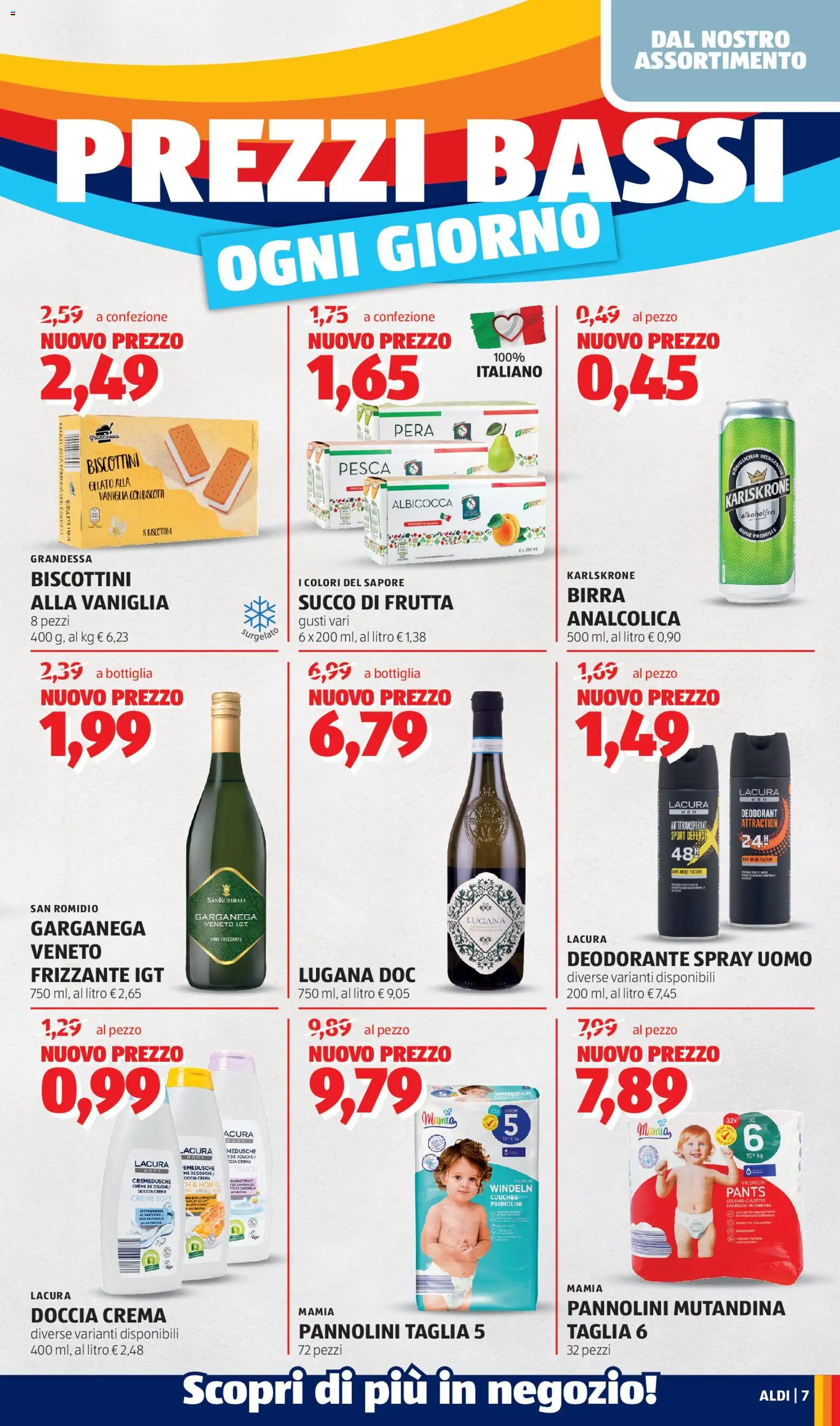 Volantino Aldi del 04.05.2026 | Pagina: 7 | Prodotti: Pannolini, Birra, Biscotti, Doccia