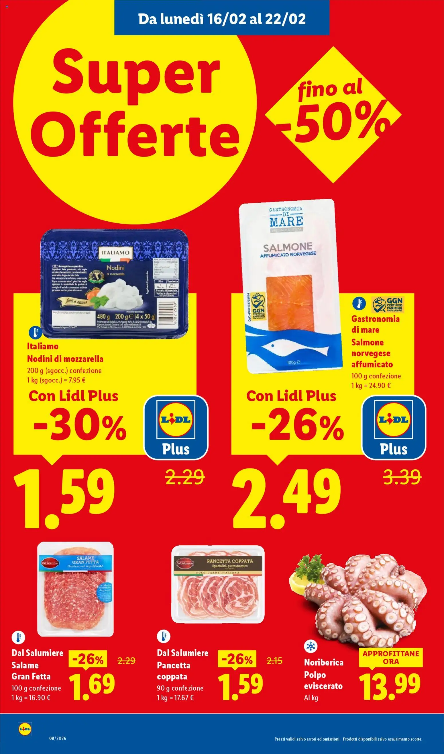 Volantino Lidl del 16.02.2026 | Pagina: 10 | Prodotti: Salame, Salmone, Pancetta, Mozzarella