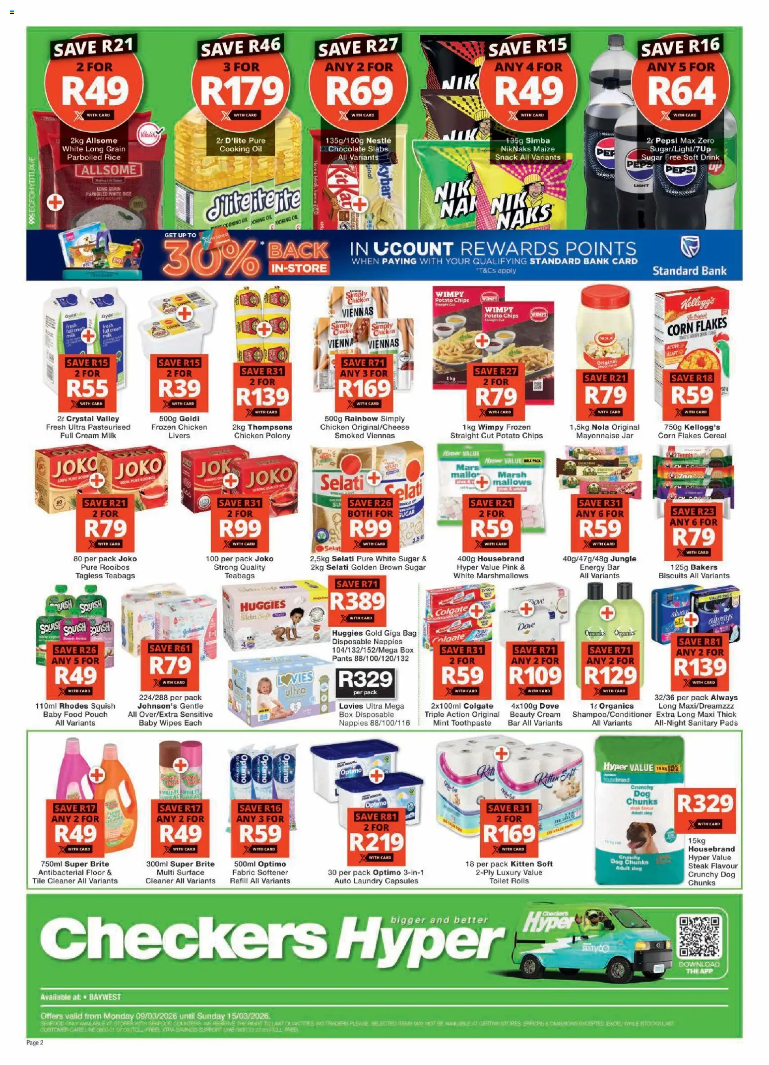 New Checkers catalogue – valid from 09.03.2026 | Page: 2 | Products: Corn, Baby food, Fabric softener, Nappies