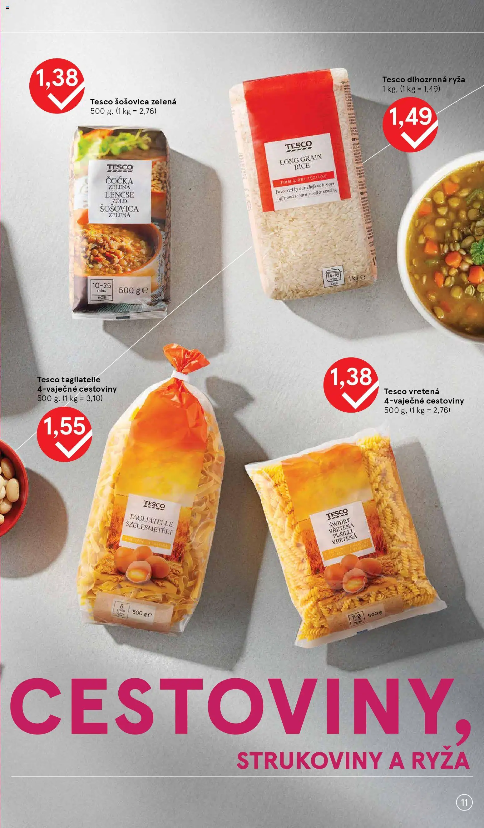 Nové Tesco akcie – leták je platný od 07.01.2026 | Strana: 11 | Produkty: Fusilli, Ryža, Cestoviny, Šošovica