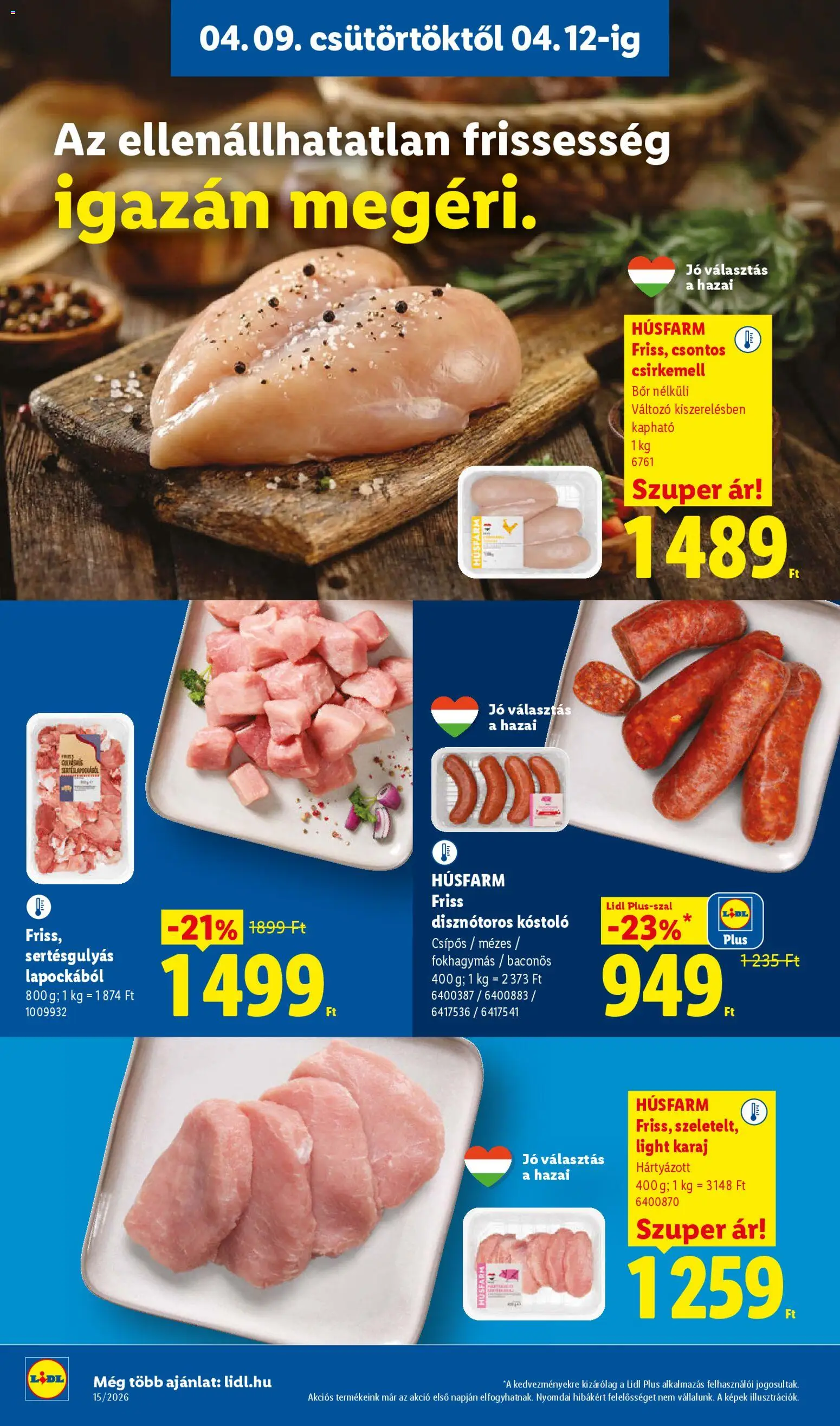 Lidl akciós ujság - amely érvényes a következő dátumtól: 09.04.2026 | Oldal: 8 | Termékek: Karaj, Bor, Csirkemell
