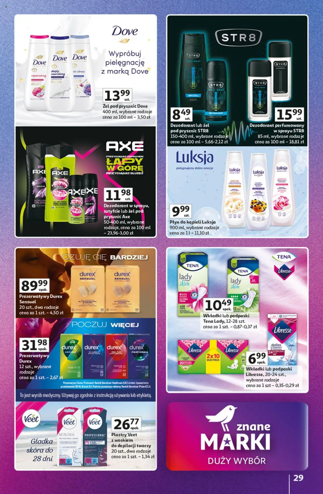 Auchan Gazetka - Znane marki duży wybór Hipermarket od 16.10.2025 | Strona: 29 | Produkty: Prezerwatywy, Płyn do kąpieli, Podpaski, Żel pod prysznic