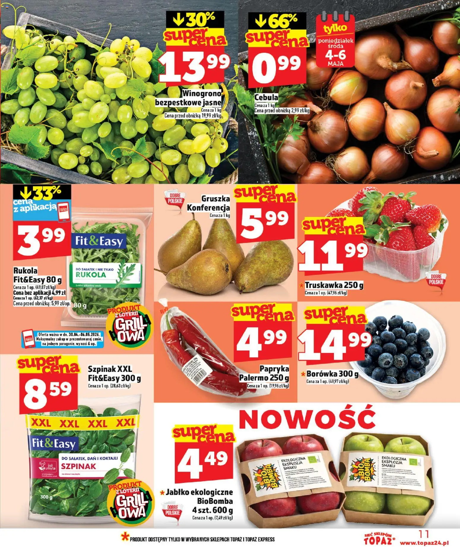 Topaz gazetka od 30.04.2026 | Strona: 11 | Produkty: Winogrono, Grill, Rukola, Szpinak