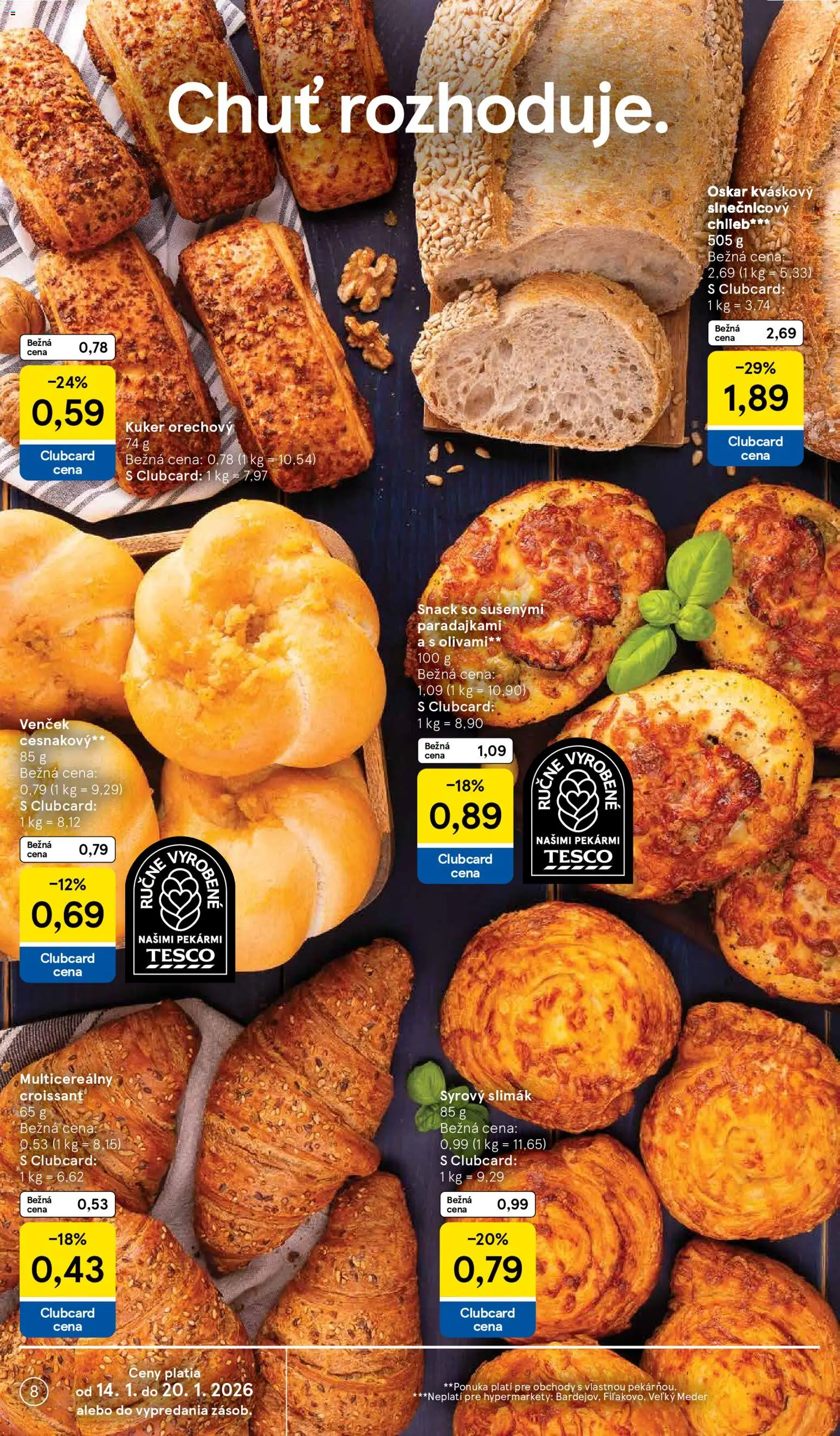 Nové Tesco akcie – leták je platný od 14.01.2026 | Strana: 8 | Produkty: Chlieb, Croissant