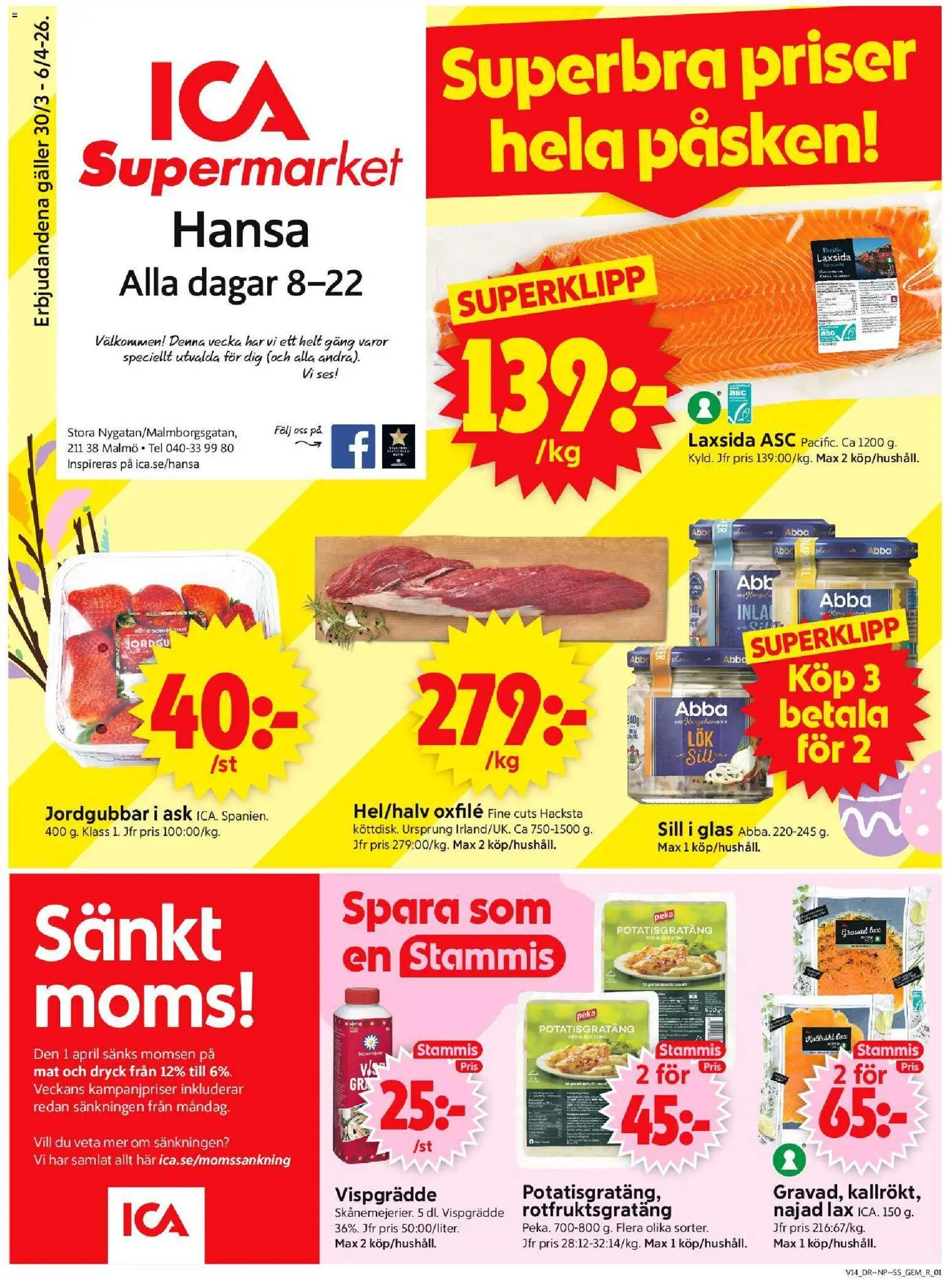 ICA Supermarket reklamblad aktuell från 30.03.2026 | Sida: 1 | Produkter: Galler, Sill, Lax, Oxfilé