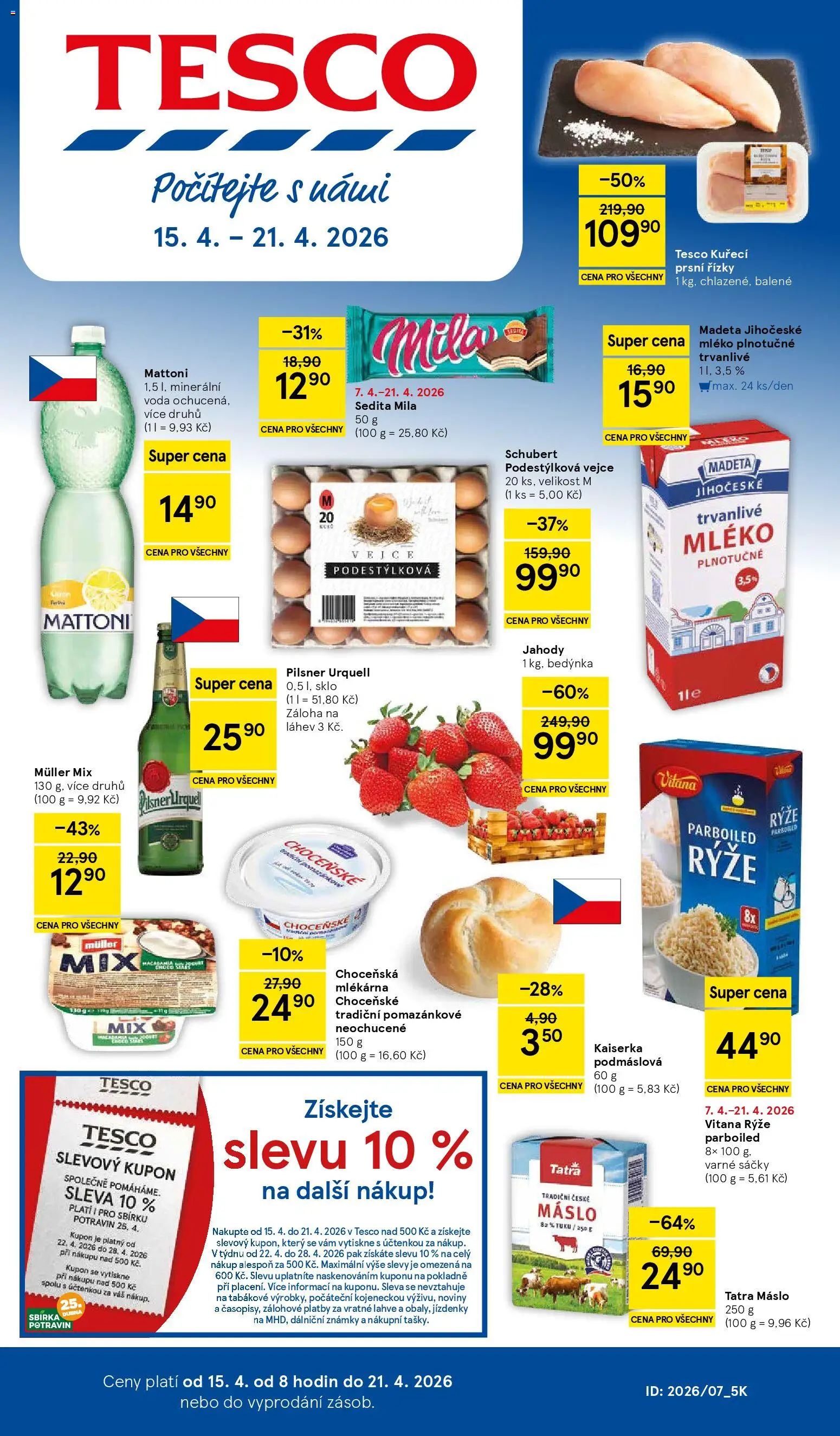 Tesco leták - Hypermarket od 15.04.2026 | Strana: 1 | Produkty: Kaiserka, Vejce, Mila, Minerální voda
