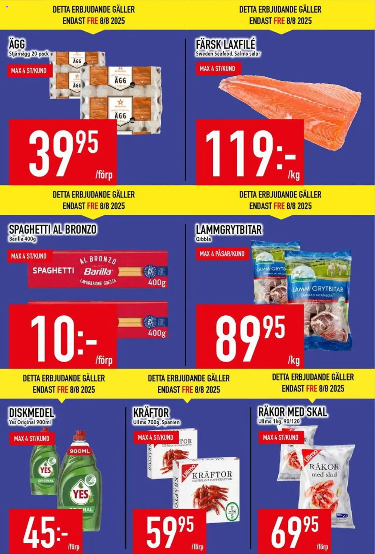 Matdax reklamblad aktuell från 04.08.2025 | Sida: 4 | Produkter: Kräftor, Diskmedel, Galler, Räkor