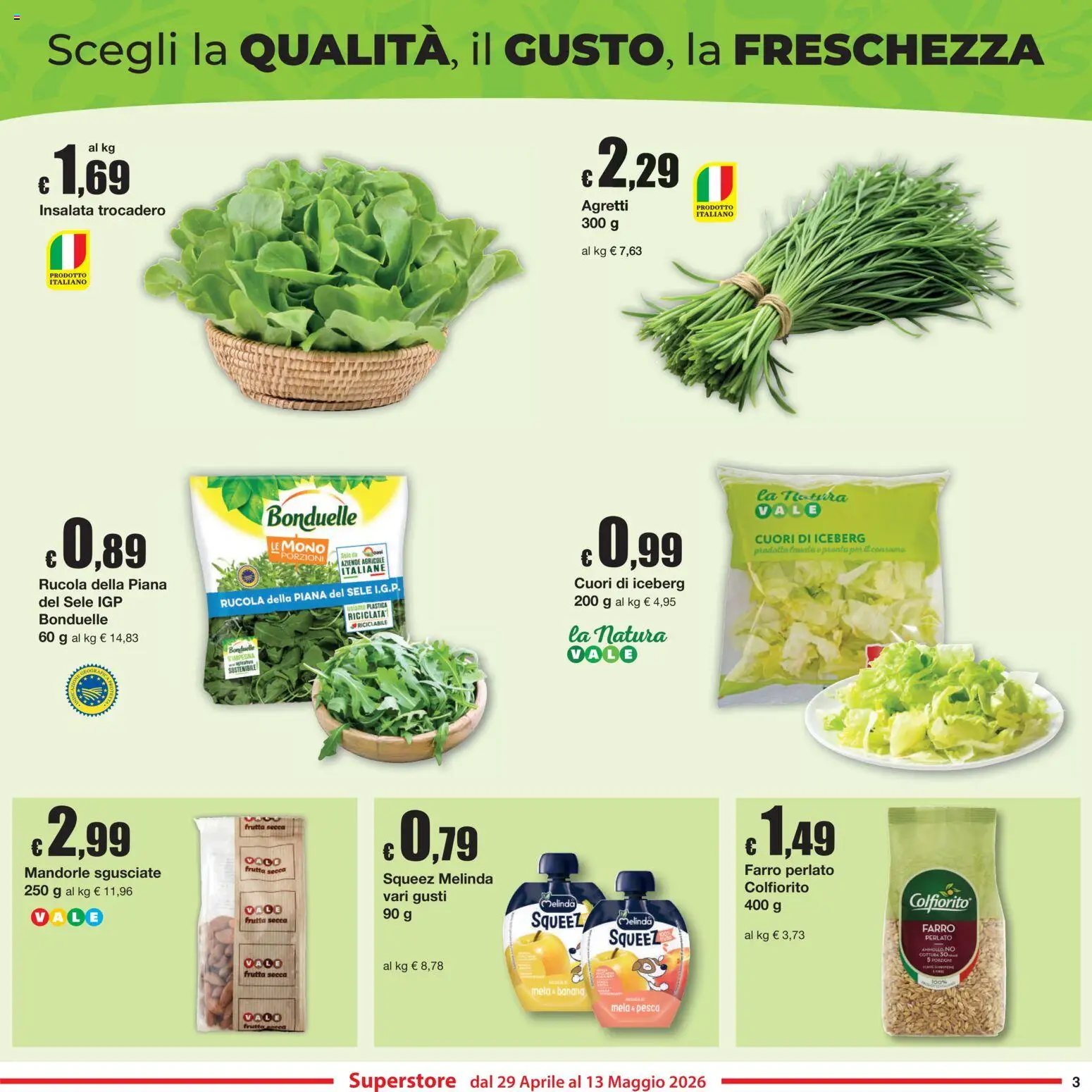 Volantino Sì con Te del 29.04.2026 | Pagina: 3 | Prodotti: Rucola, Insalata, Frutta, Mandorle