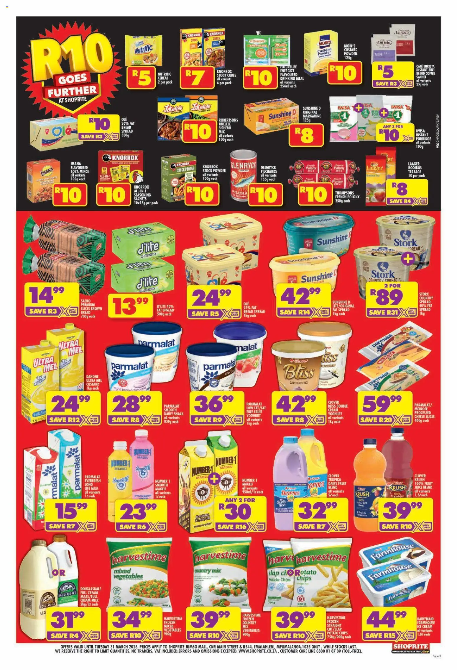 New Shoprite catalogue – valid from 19.03.2026 | Page: 3 | Products: Cheese, Juice, Chips, Vegetables