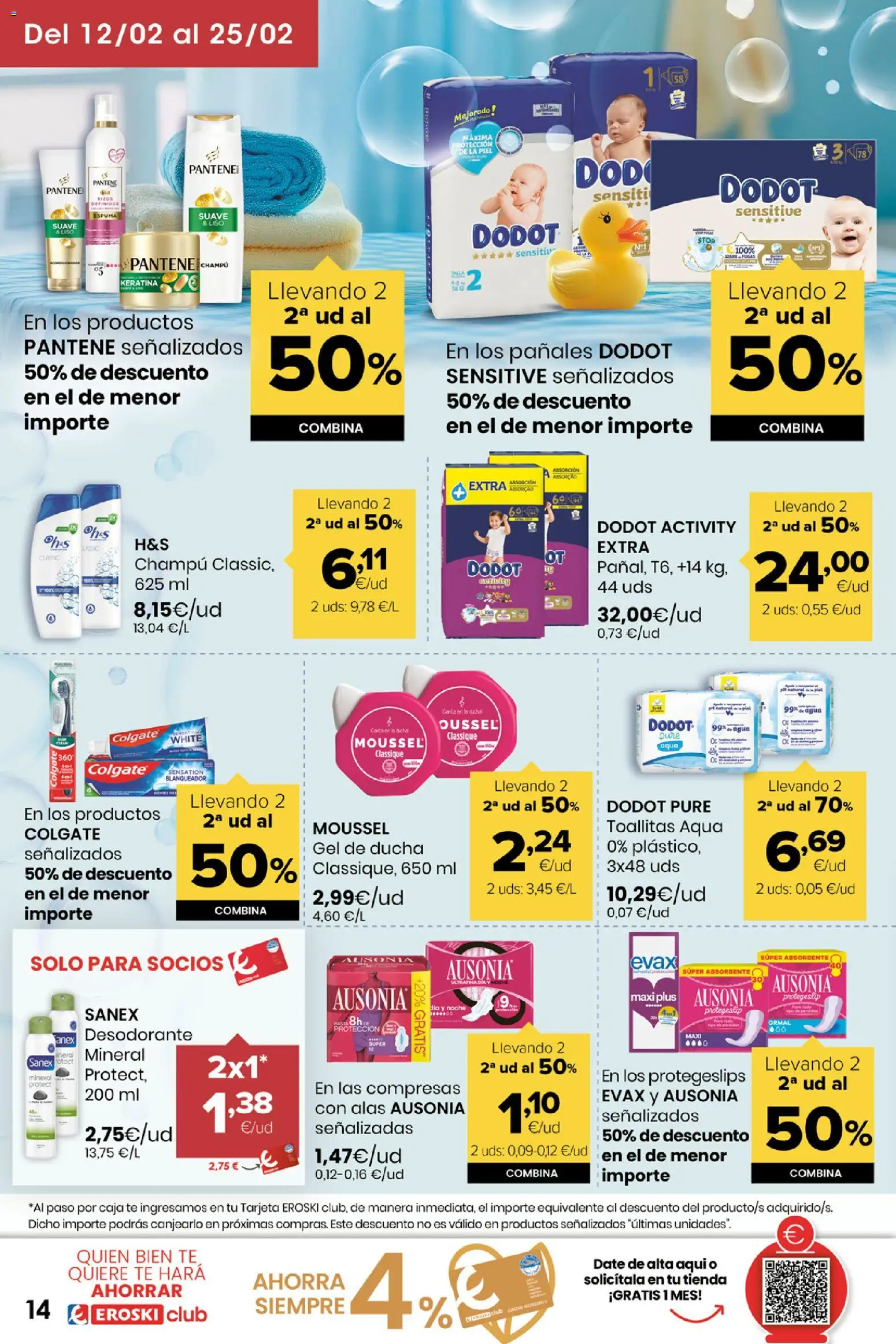 Eroski folleto │ válido desde el 12.02.2026 | Página: 14 | Productos: Compresas con alas, Desodorante, Té, Ducha