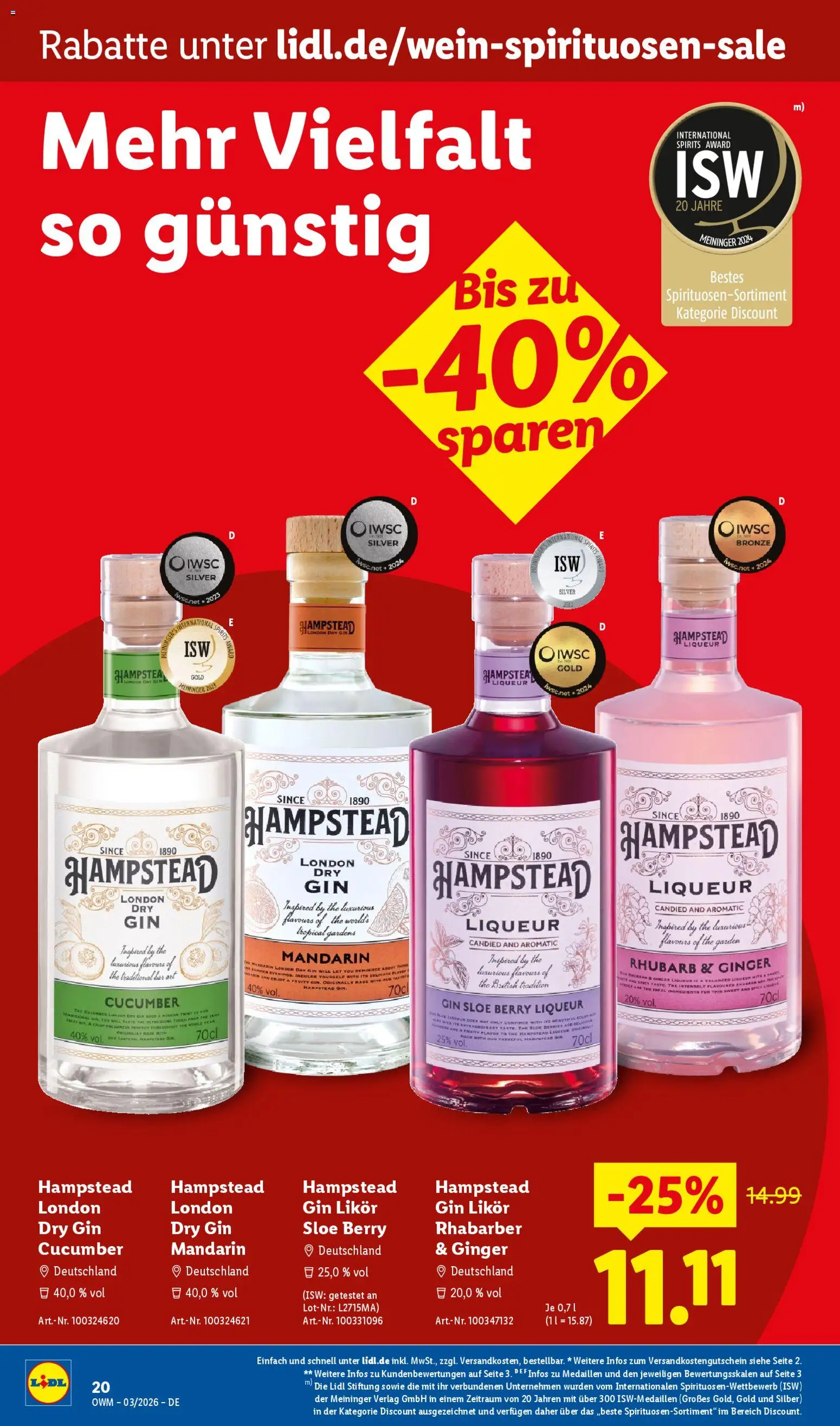 Lidl Německo leták - März od 01.03.2026 | Strana: 20 | Produkty: Gin, London dry gin, Singer, Dry gin