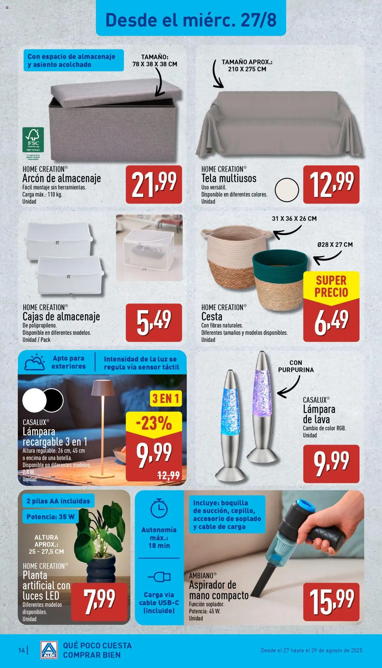 Aldi folleto Baleares │ válido desde el 25.08.2025 | Página: 14 | Productos: Cable, Planta artificial, Cesta, Lámpara