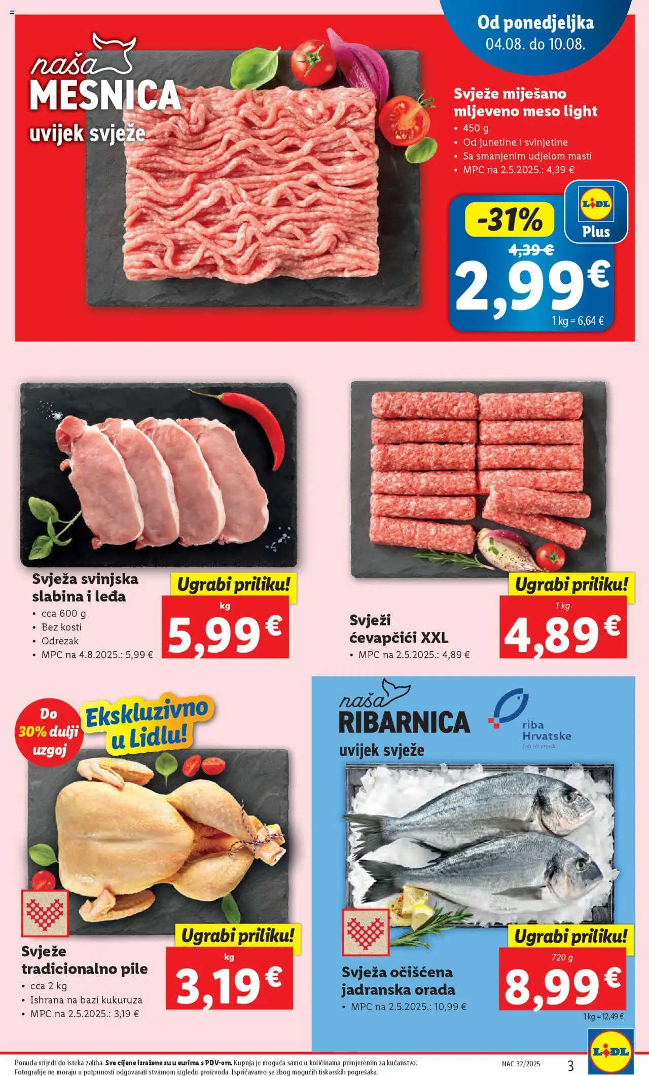 Lidl katalog | vrijedi od 04.08.2025 | Stranica: 3 | Proizvodi: Meso, Riba, Mljeveno meso, Ćevapčići