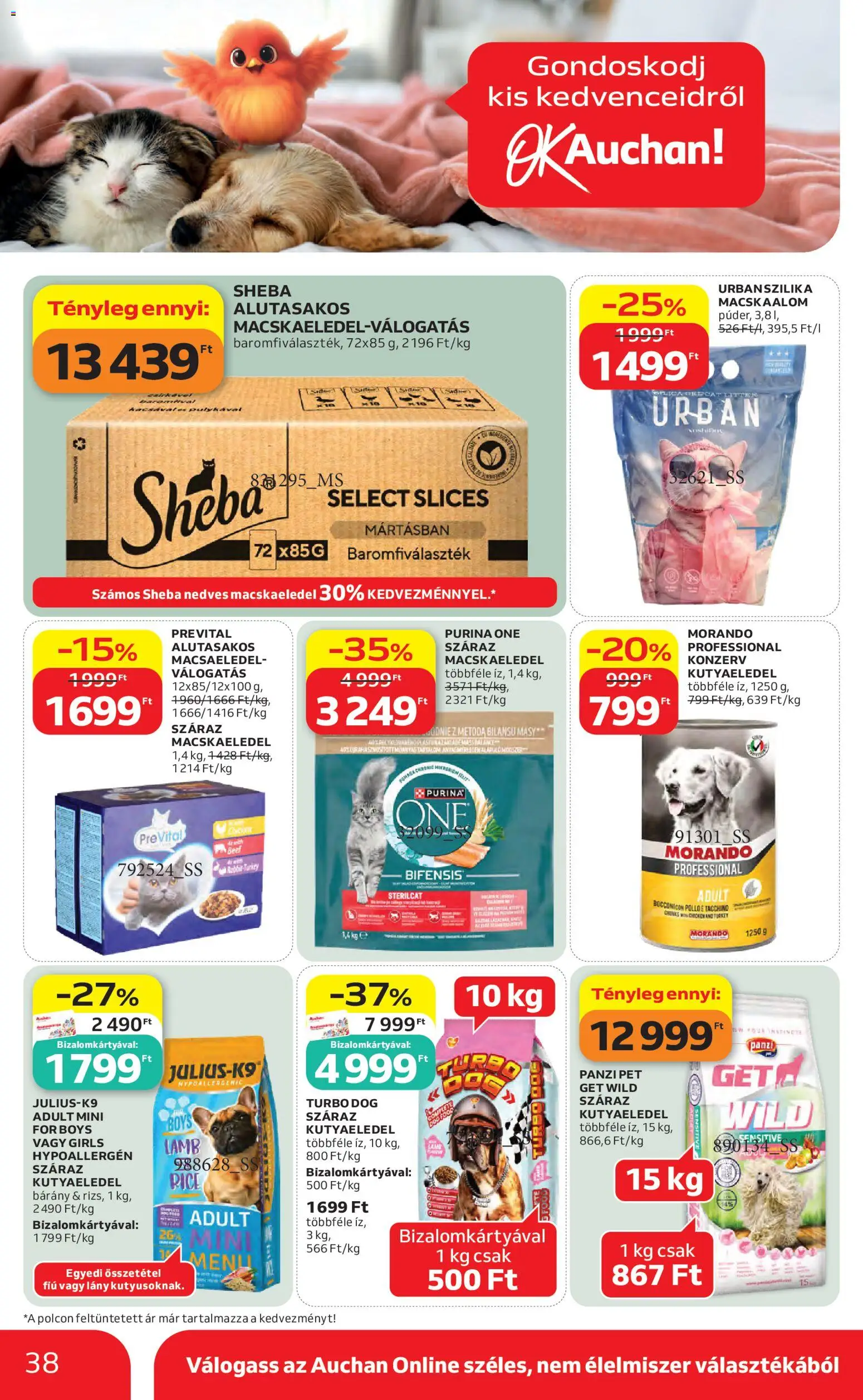 Auchan akciós ujság - amely érvényes a következő dátumtól: 30.04.2026 | Oldal: 38 | Termékek: Macskaalom, Macskaeledel, Kutyaeledel, Purina one