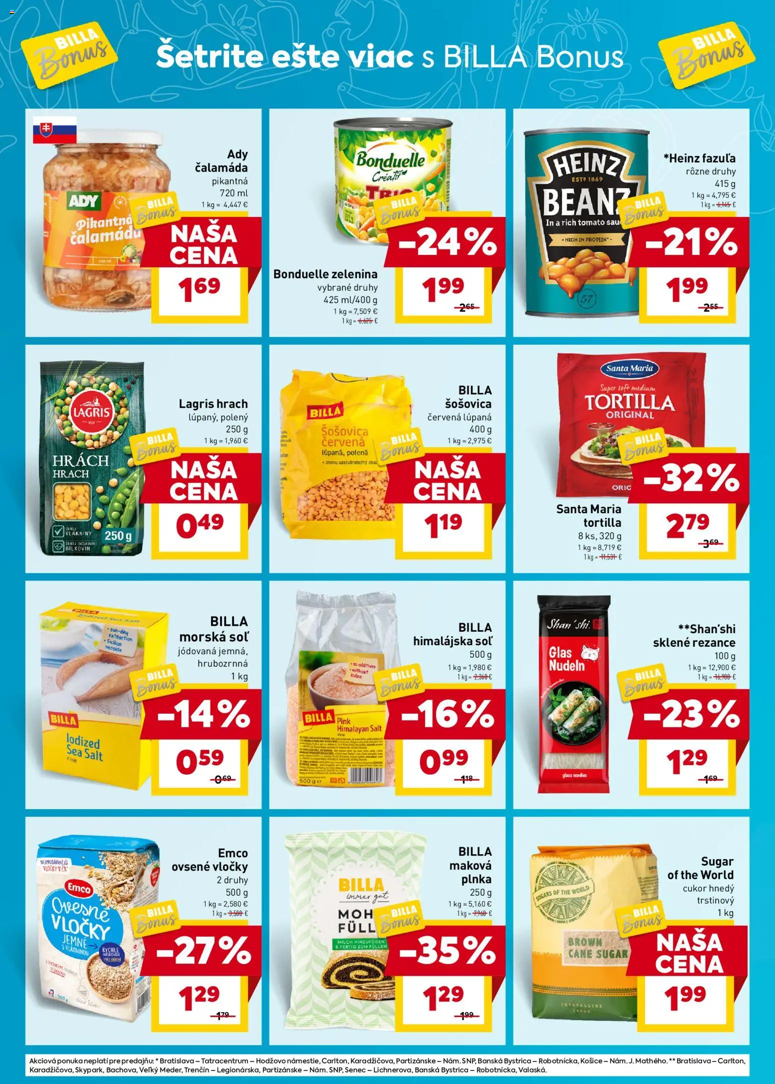 Nové Billa akcie – leták je platný od 11.03.2026 | Strana: 4 | Produkty: Tortilla, Hrach, Vločky, Soľ