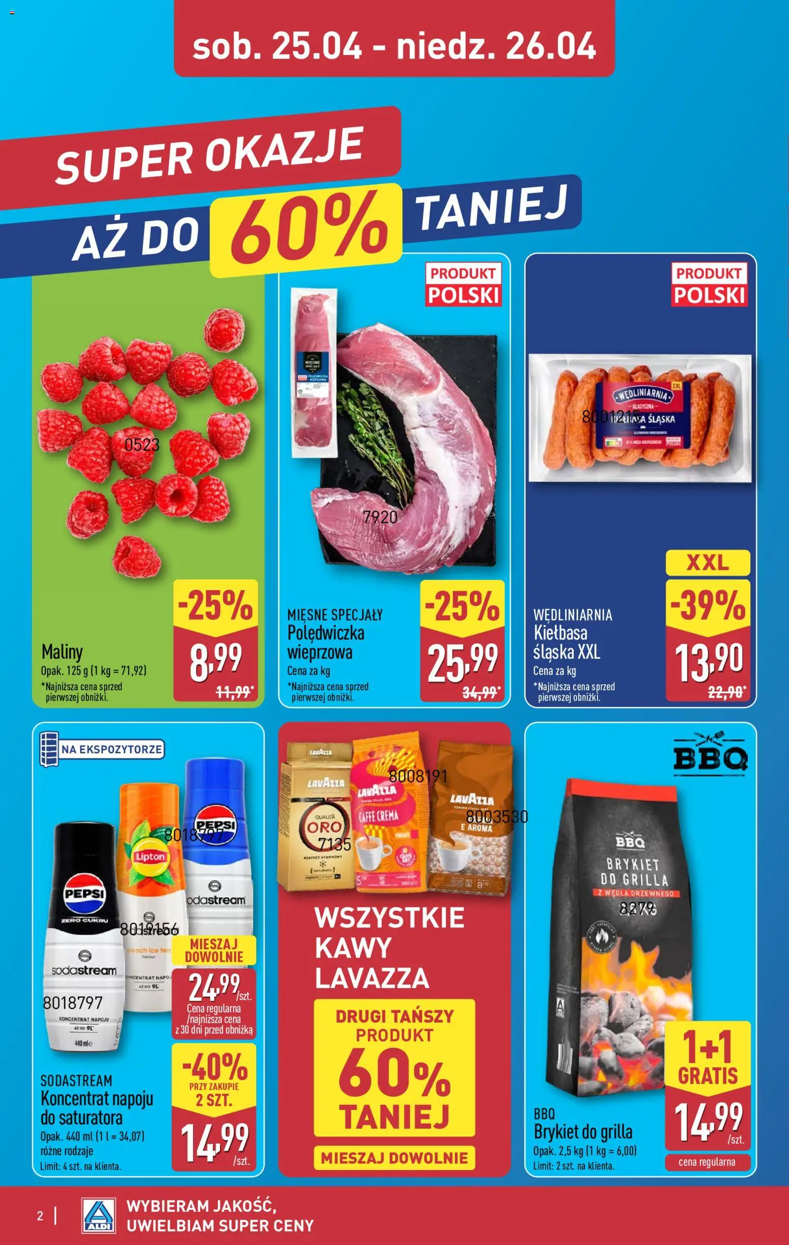 Aldi gazetka - Oferta weekendowa od 23.04.2026 | Strona: 2 | Produkty: Kiełbasa, Maliny, Ice Tea, Lavazza
