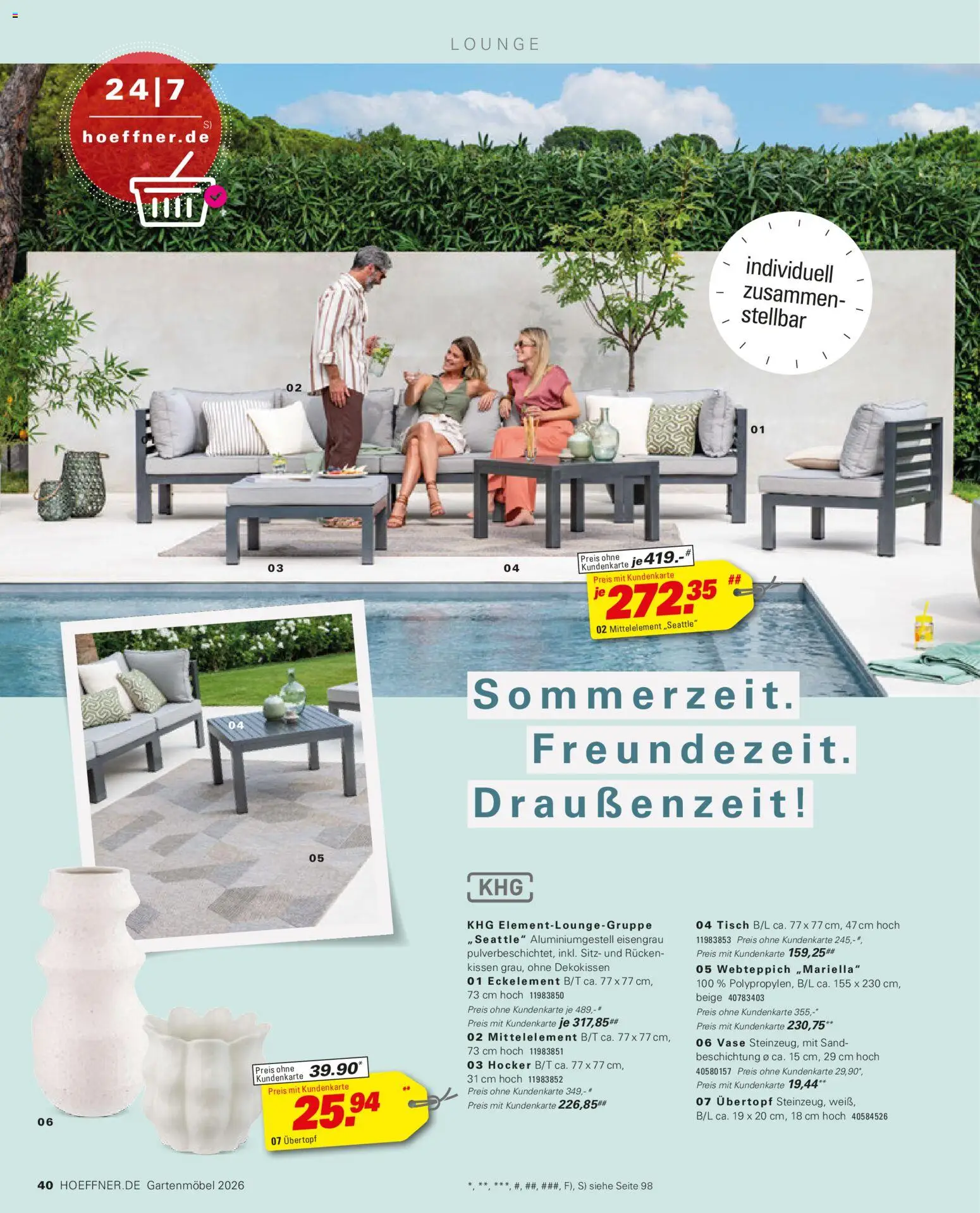 Höffner Prospekt Gartenmöbel – gültig ab 27.03.2026 | Seite: 40 | Produkte: Hocker, Kissen, Tisch, Vase