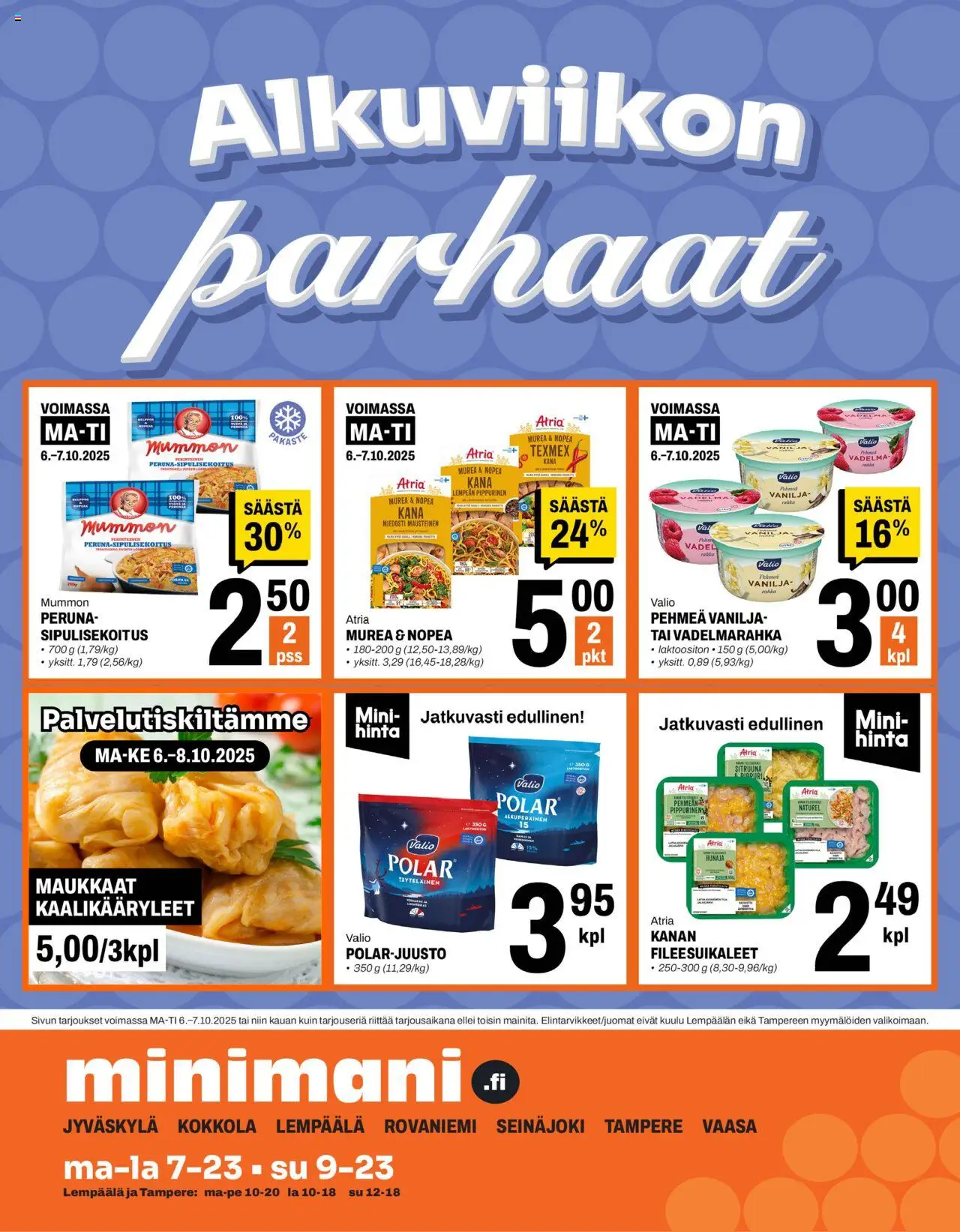Minimani tarjoukset – voimassa 06.10.2025 alkaen | Sivu: 1 | Tuotteet: Vadelma, Kaalikääryleet, Peruna, Hunaja