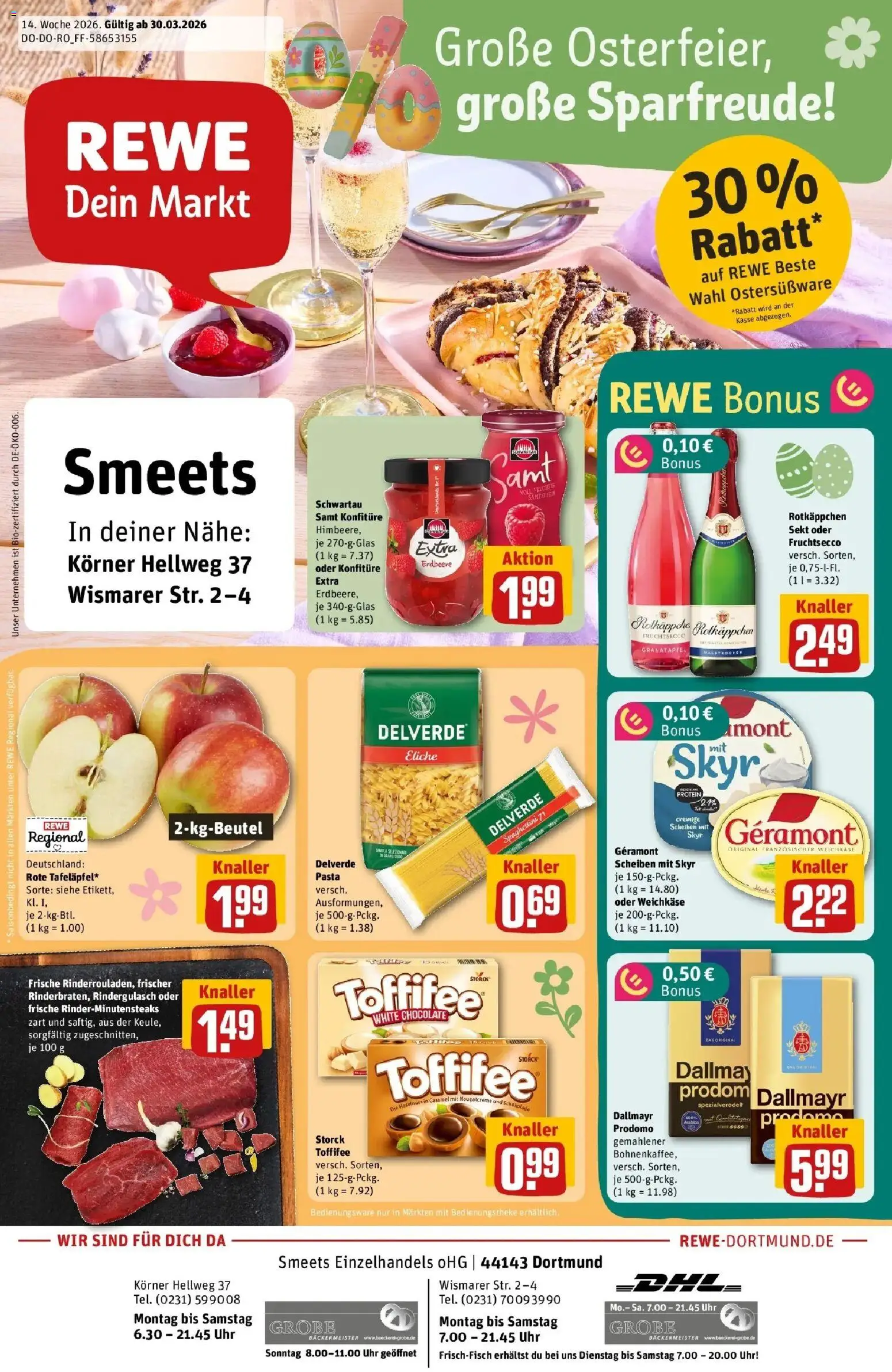 Rewe Prospekt Dortmund	 – gültig ab 30.03.2026 | Seite: 1 | Produkte: Fruchtsecco, Himbeere, Pasta, Dallmayr prodomo