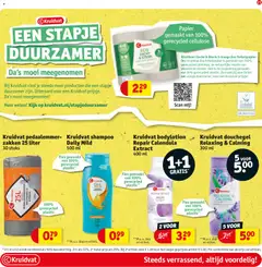 Kruidvat bodylotion Repair Calendula Extract, Bodylotion Repair Calendula Extract, 400 ml, fles gemaakt van 100% gerecycled plastic, 1+1 gratis. - Voorbeeld van een folder van Kruidvat, geldig van 24.02.2026 | Pagina: 24 | Producten: Kan, Fles, Gel, Douchegel