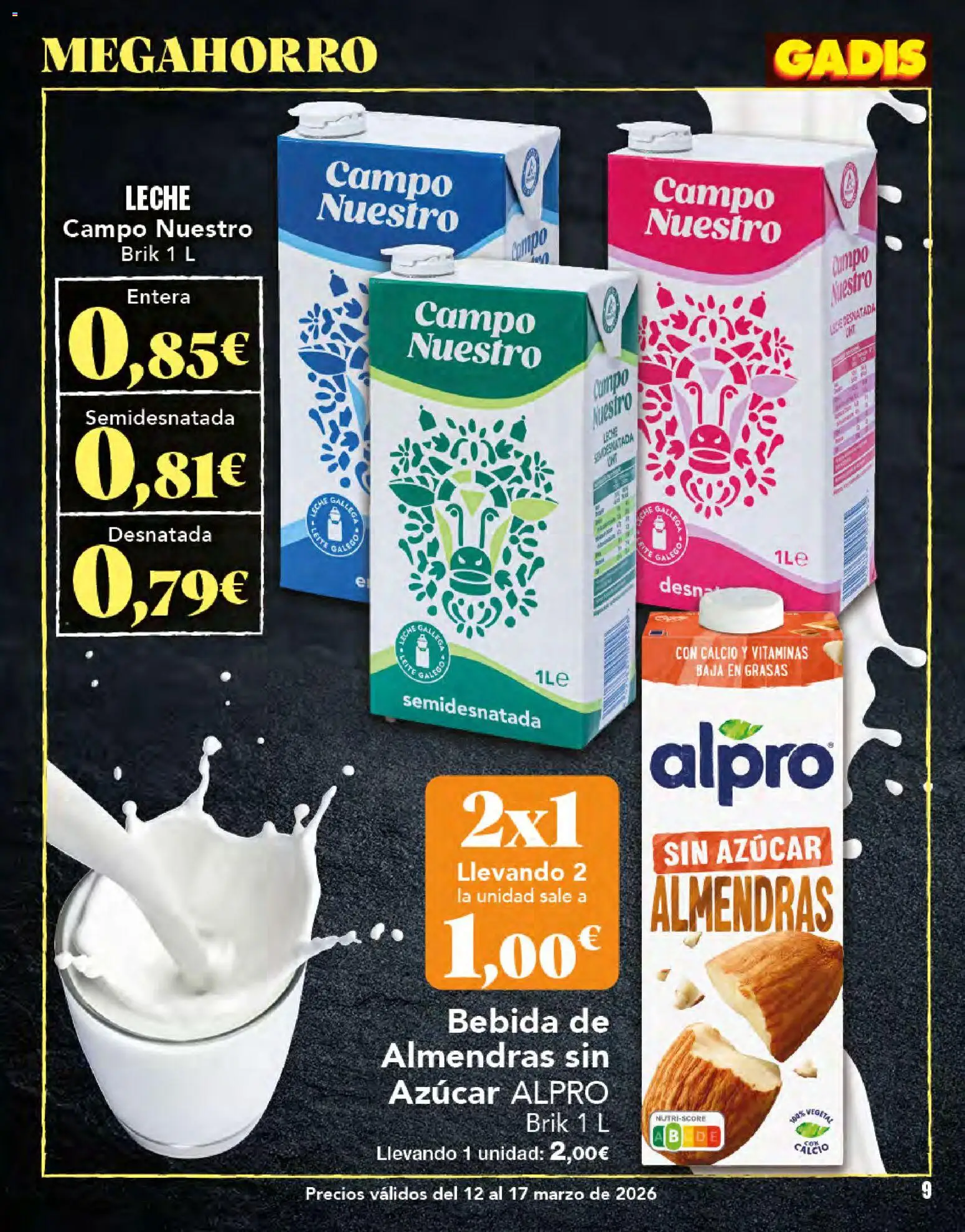 Gadis folleto │ válido desde el 12.03.2026 | Página: 9 | Productos: Leche, Bebida de almendras, Bebida de almendras sin azúcar