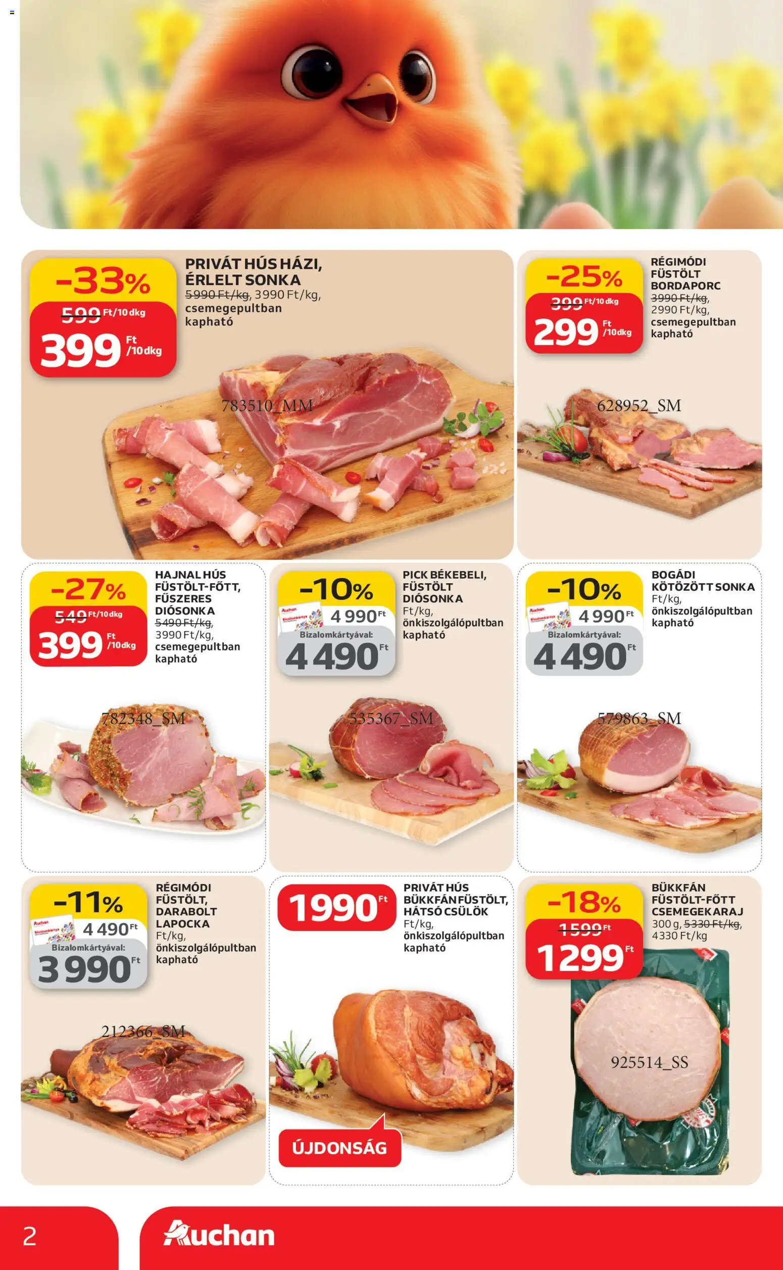 Auchan akciós ujság - amely érvényes a következő dátumtól: 19.02.2026 | Oldal: 2 | Termékek: Hús, Pick, Sonka, Kötözött sonka