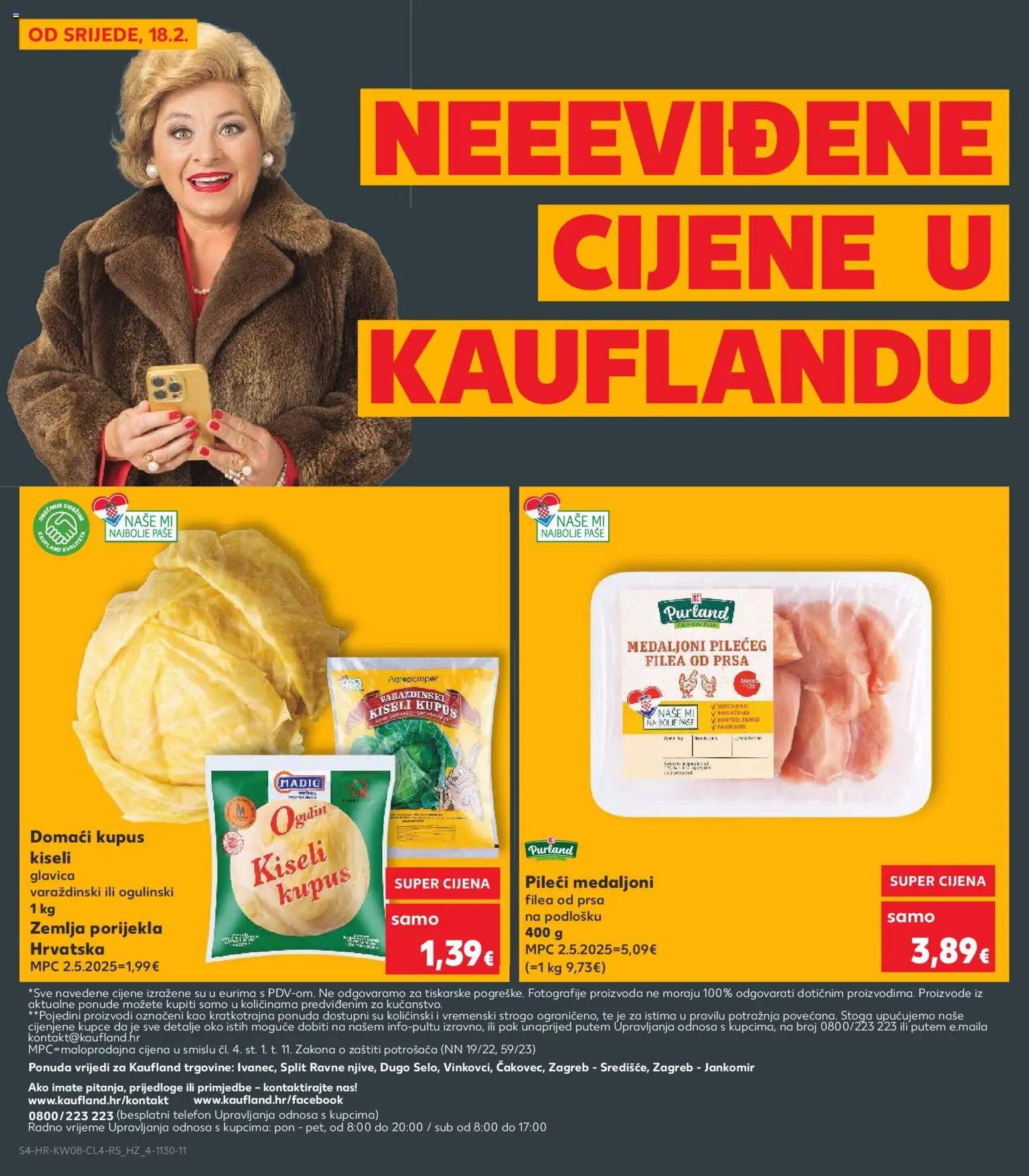 Kaufland katalog | vrijedi od 18.02.2026 | Stranica: 4 | Proizvodi: Pileći medaljoni, Kupus, Telefon