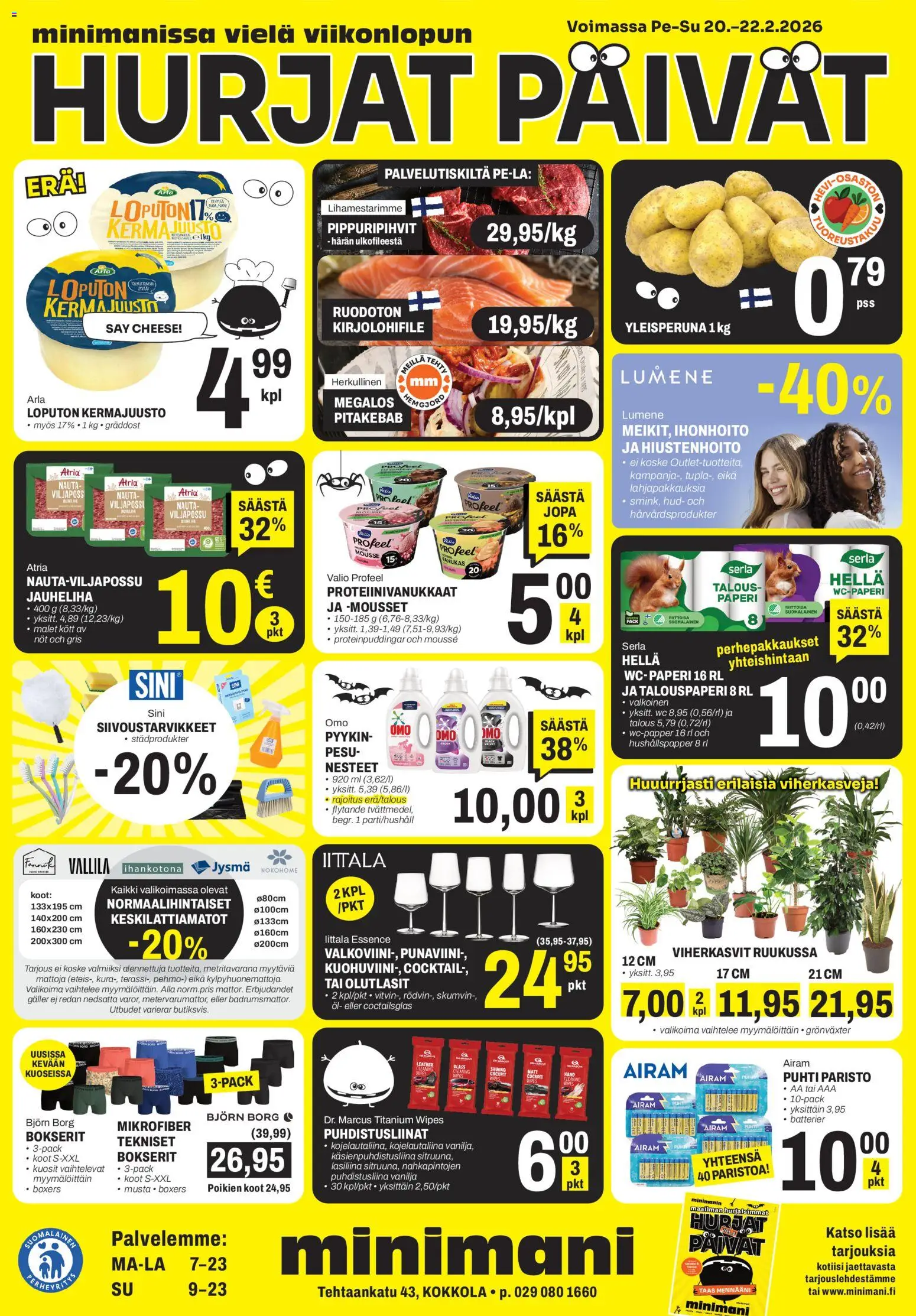 Minimani Tarjoukset - Kokkola – voimassa 20.02.2026 alkaen | Sivu: 1 | Tuotteet: Mousse, Puhdistusliinat, Kermajuusto, WC