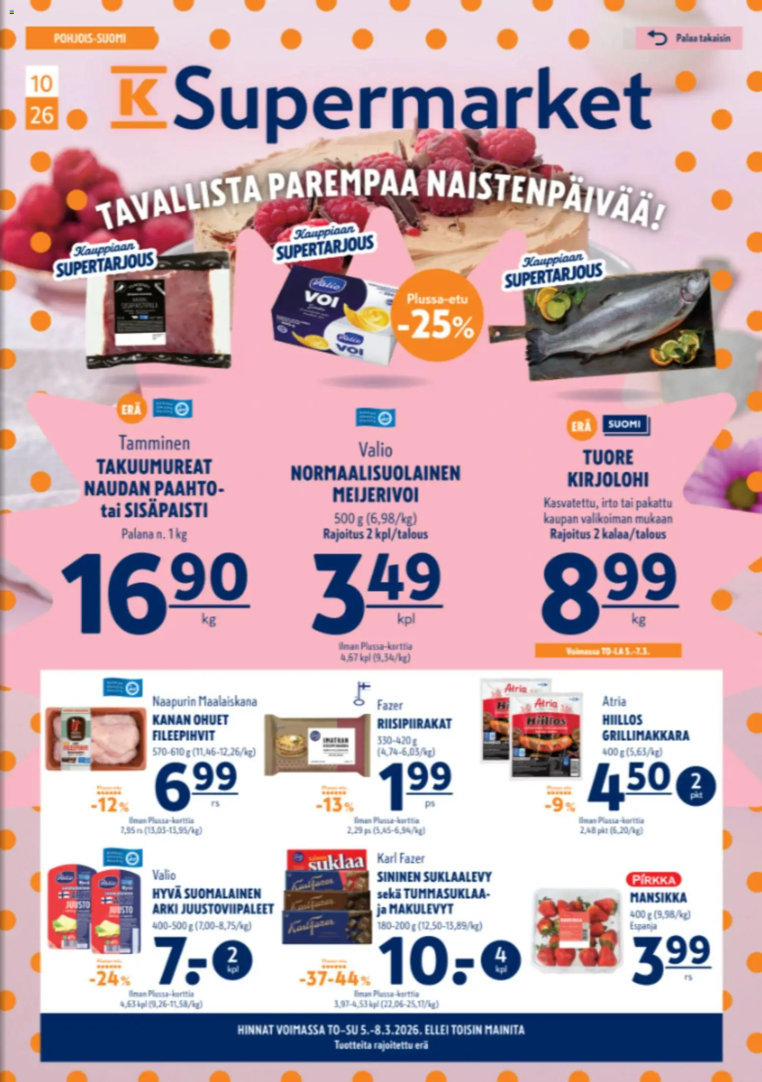 K-Supermarket tarjoukset – voimassa 05.03.2026 alkaen | Sivu: 2 | Tuotteet: Kirjolohi, Juusto, Suklaa, Grillimakkara