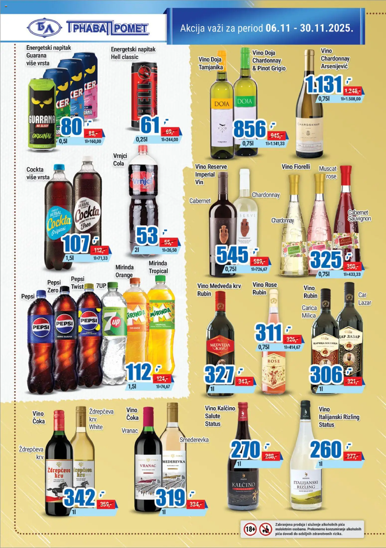Trnava Promet katalog - važi od 06.11.2025 | Strana: 18 | Proizvode: Hell, Pinot grigio, Pica, Pepsi