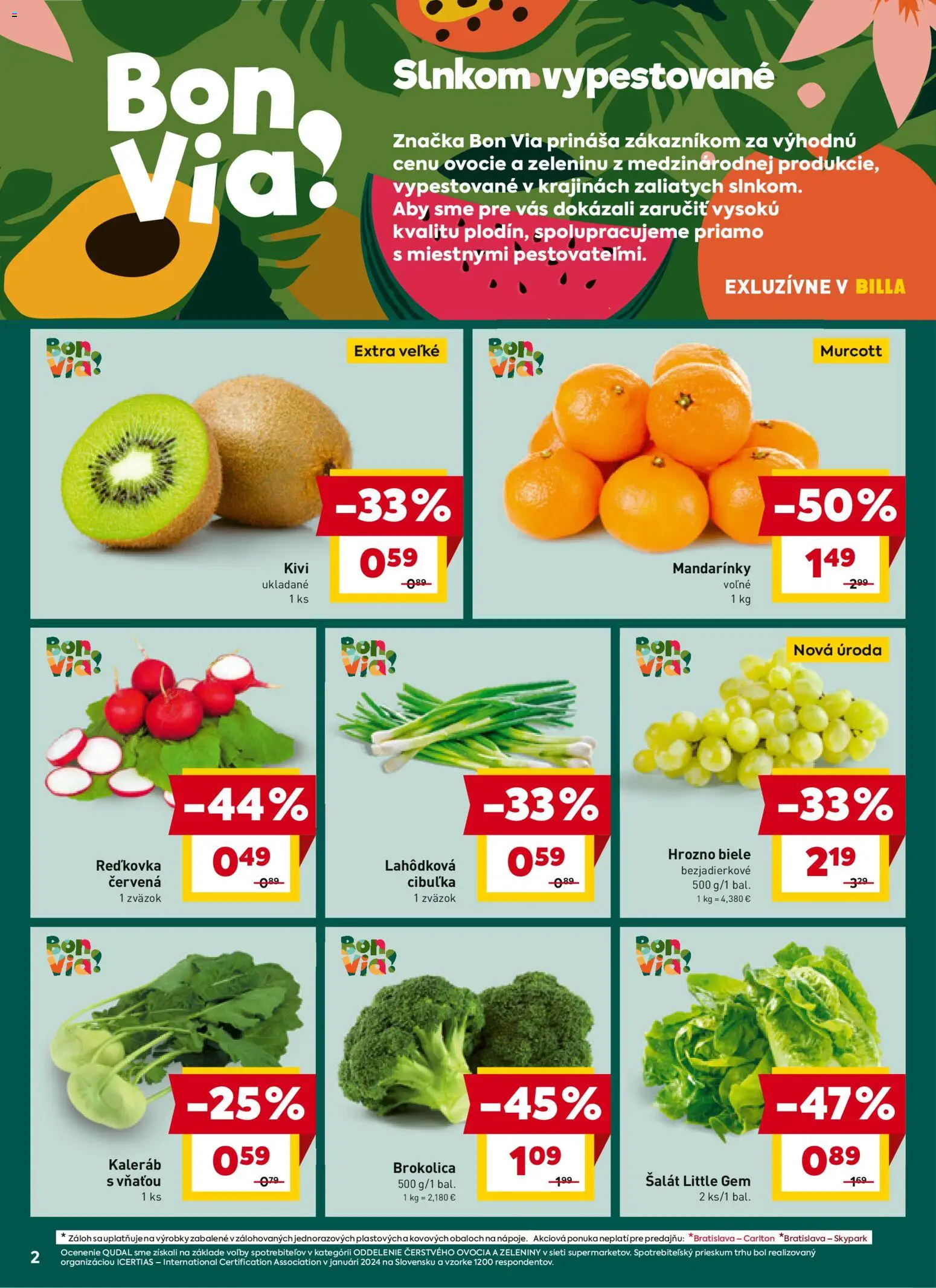 Nové Billa akcie – leták je platný od 02.01.2026 | Strana: 2 | Produkty: Mandarinky, Šalát, Hrozno, Ovocie