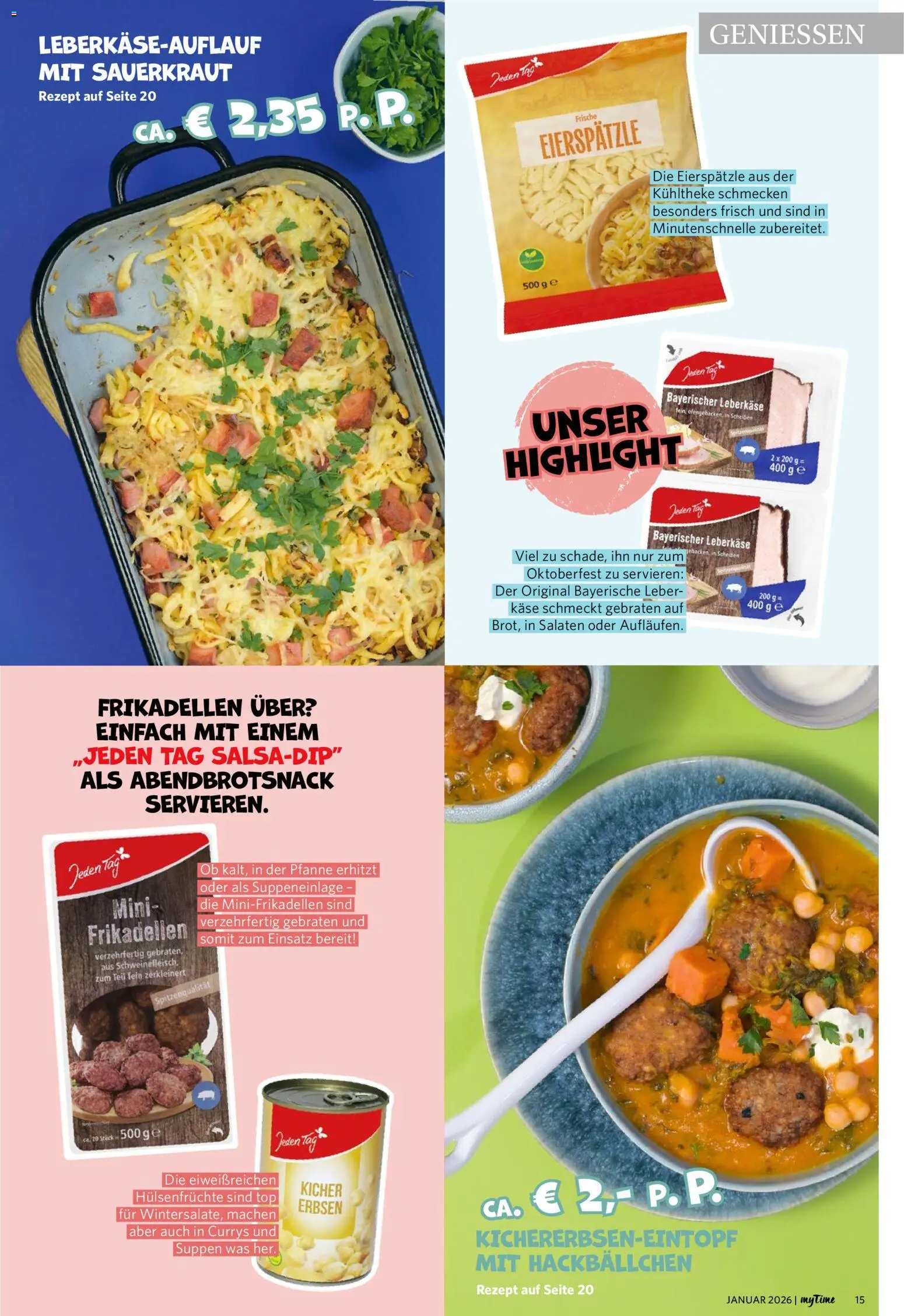 Famila Nordwest  myTime Januar 2026 – gültig ab 01.01.2026 | Seite: 15 | Produkte: Top, Käse, Erbsen, Leberkase