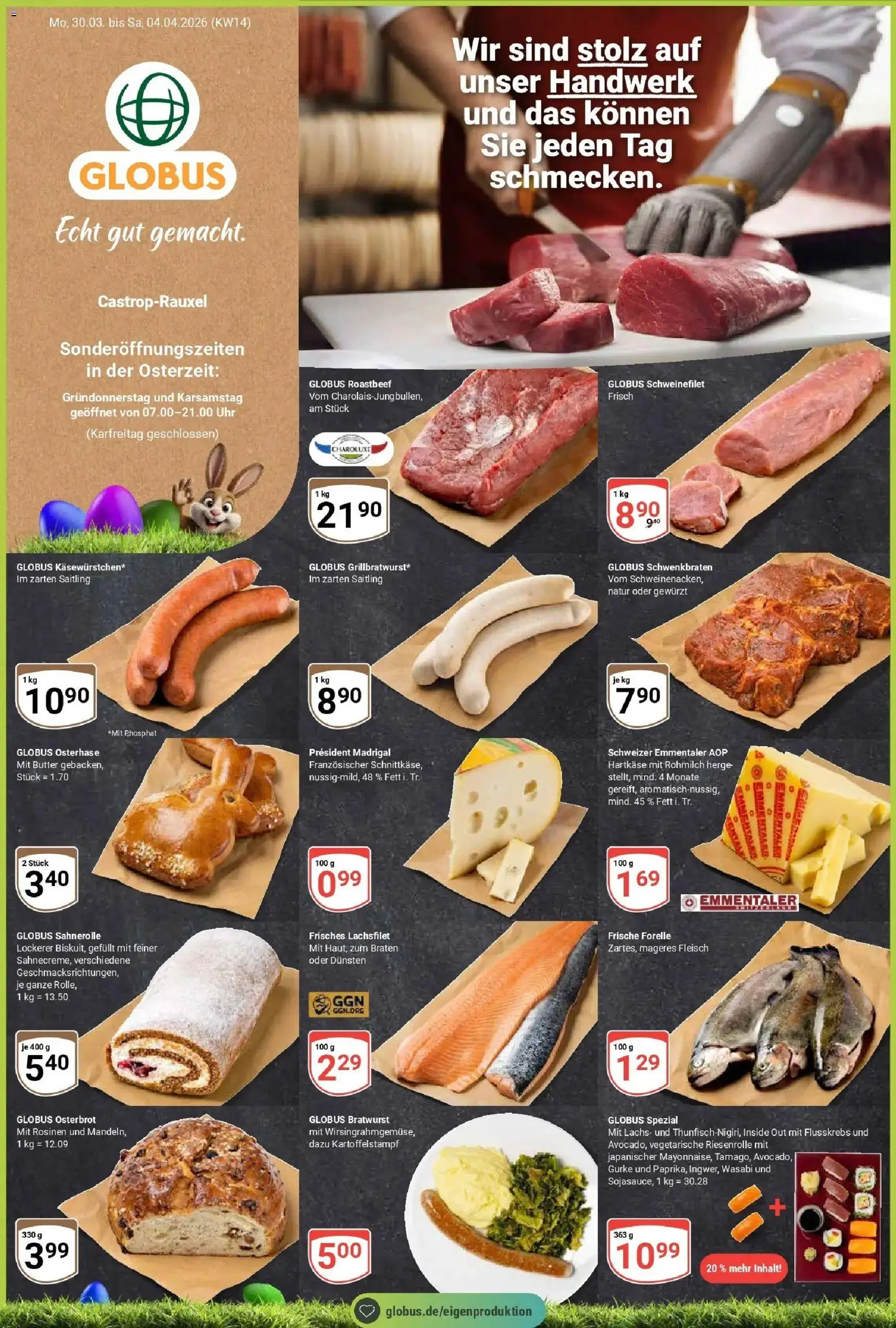 Globus prospekt Castrop-Rauxel	 – gültig ab 30.03.2026 | Seite: 1 | Produkte: Butter, Bratwurst, Rosinen, Fleisch