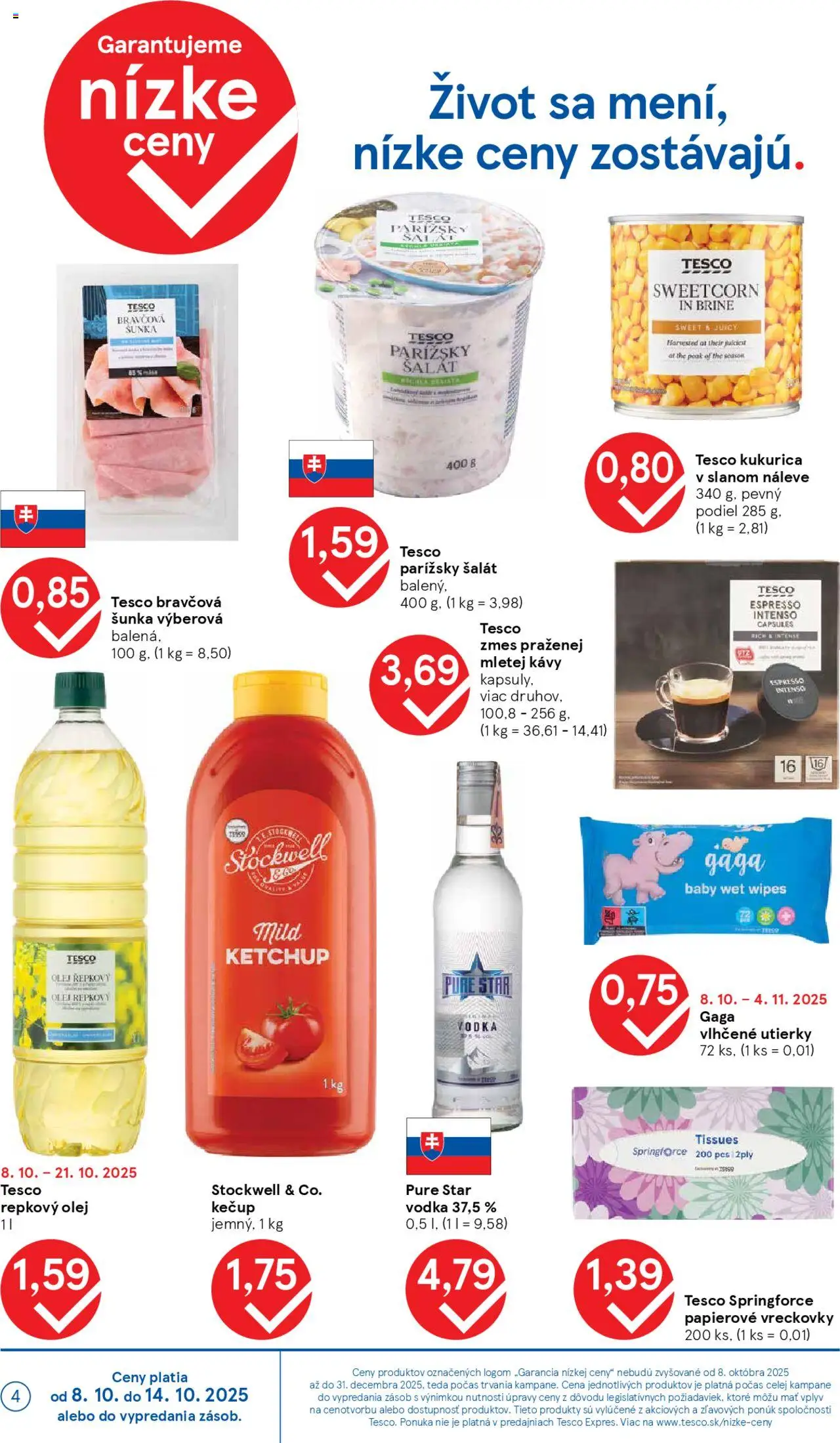 Nové Tesco akcie – leták je platný od 08.10.2025 | Strana: 4 | Produkty: Olej, Repkový olej, Kečup, Vodka
