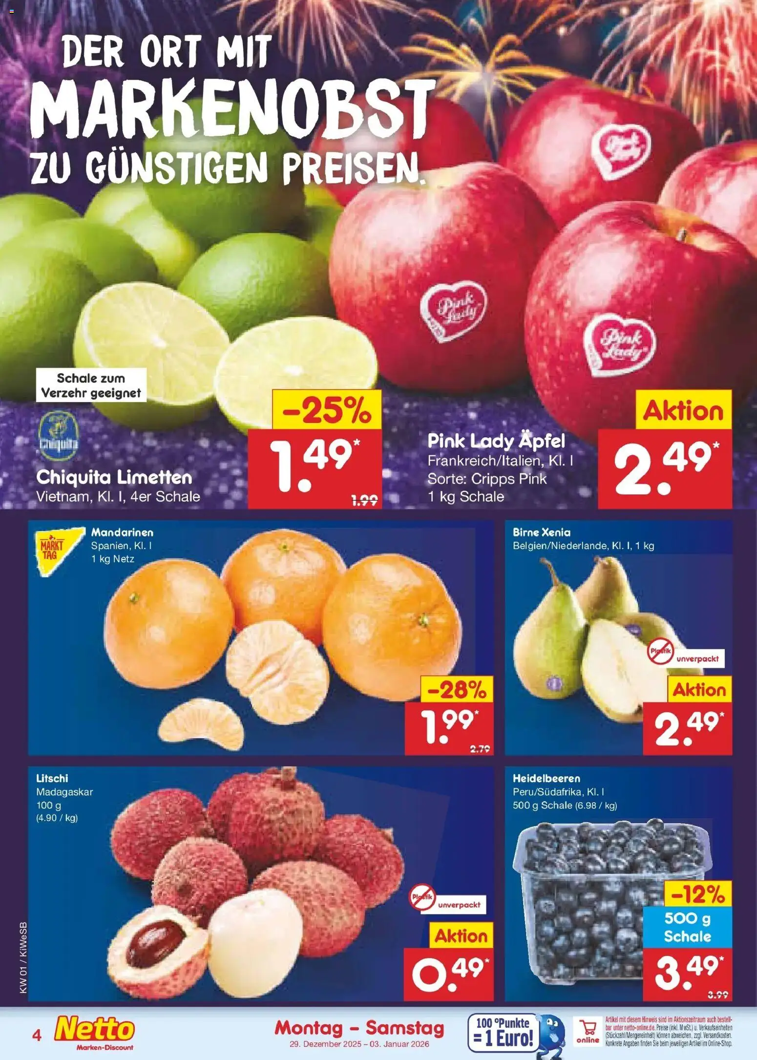 Netto Marken-Discount prospekt Bad Friedrichshall	 – gültig ab 28.12.2025 | Seite: 4 | Produkte: Limetten, Äpfel, Mandarinen, Birne