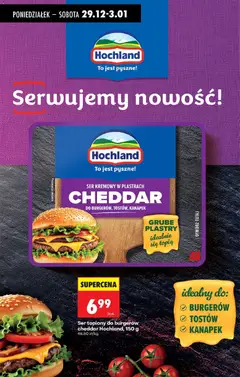 Pogląd oferty "Ser topiony do burgerów cheddar Hochland, 150 g, Creamy sliced cheddar cheese, perfect for burgers, toasts and sandwiches." - ważna od 29.12.2025 | Strona: 79 | Produkty: Ser topiony, Ser, Cheddar