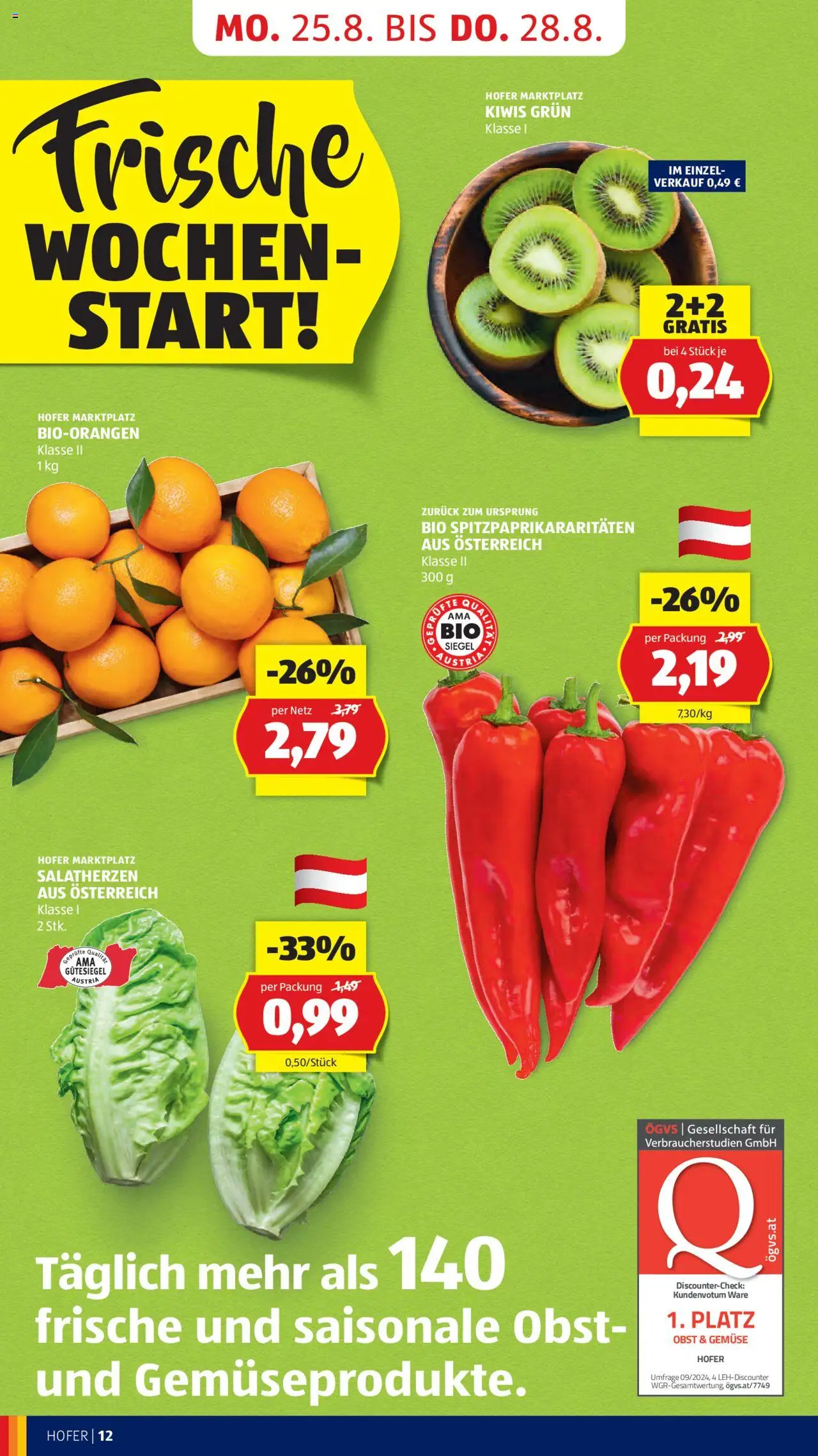 Hofer Flugblatt gültig ab 22.08.2025 | Seite: 14 | Produkte: Gemüse, Obst