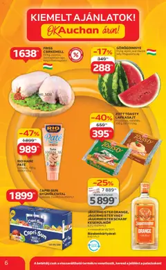 Auchan akciós ujság - amely érvényes a következő dátumtól: 10.07.2025 | Oldal: 6 | Termékek: Jägermeister, Görögdinnye, Lapkasajt, Csirkemell