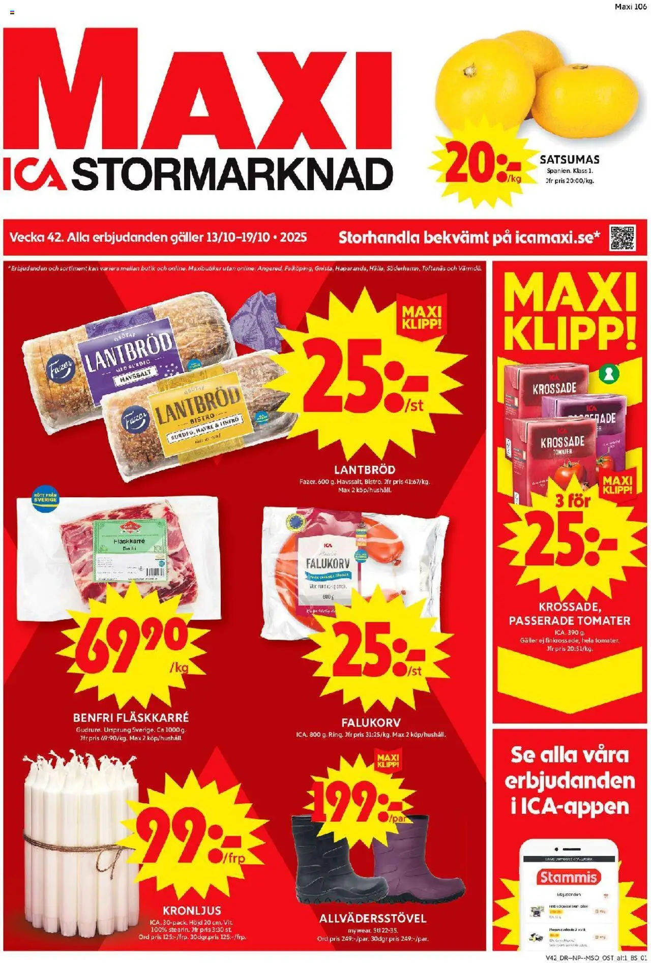 ICA Maxi reklamblad aktuell från 13.10.2025 | Sida: 1 | Produkter: Galler, Falukorv, Lantbröd, Tomater