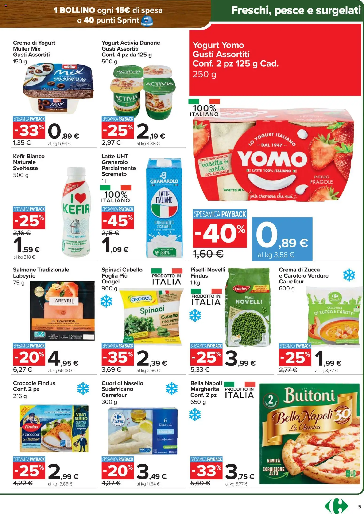 Volantino Carrefour del 29.01.2026 | Pagina: 5 | Prodotti: Latte, Spinaci, Piselli, Nasello