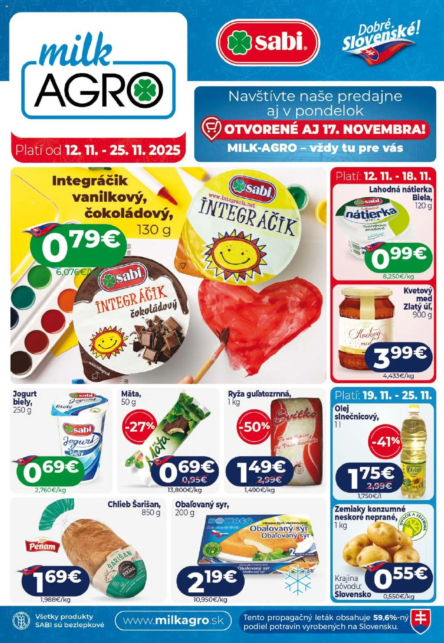 Nové Milk Agro akcie – leták je platný od 12.11.2025 | Strana: 1 | Produkty: Jogurt, Chlieb, Ryža, Med