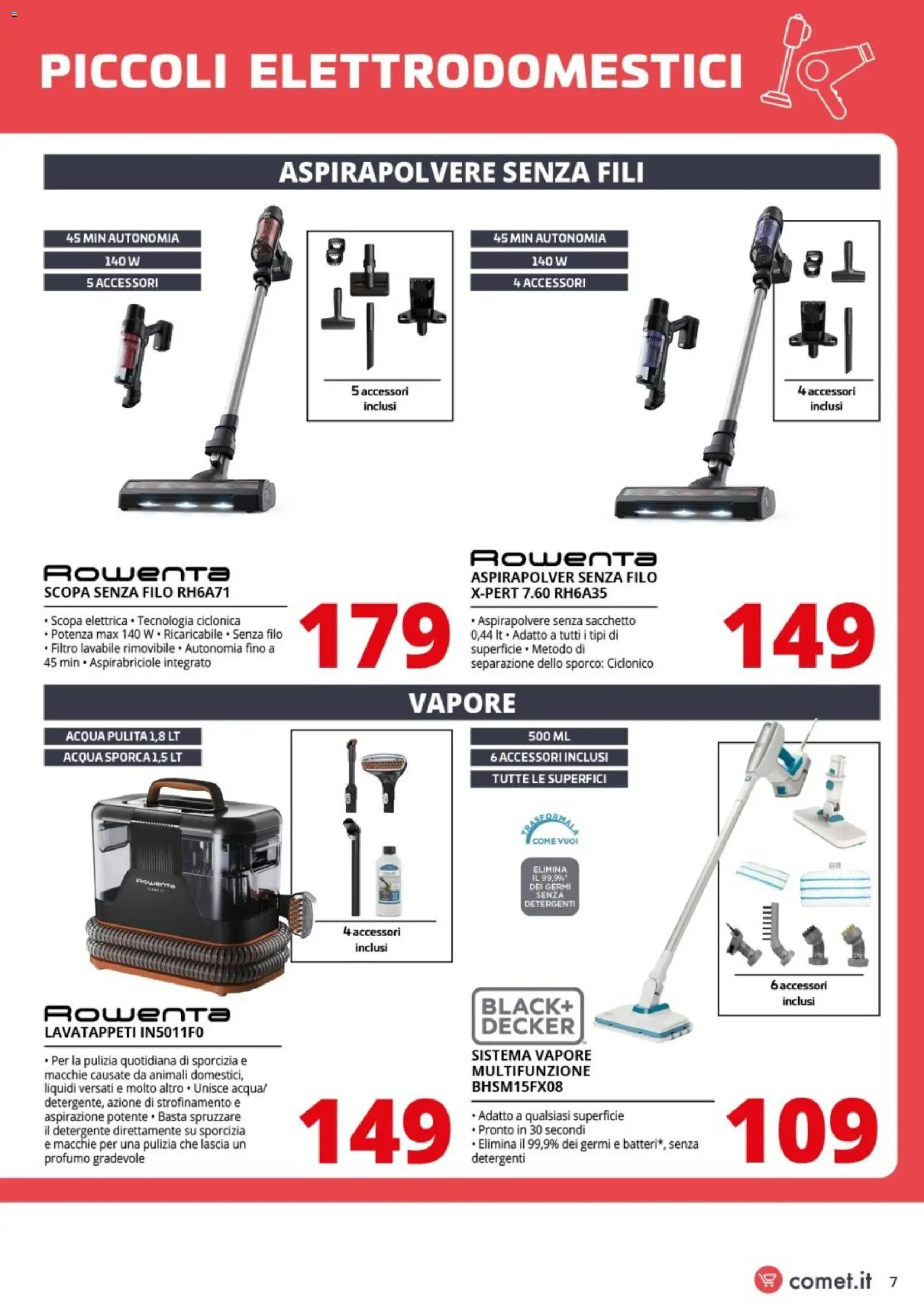 Volantino Comet del 09.01.2026 | Pagina: 7 | Prodotti: Detergente, Aspirapolvere senza fili, Acqua, Scopa