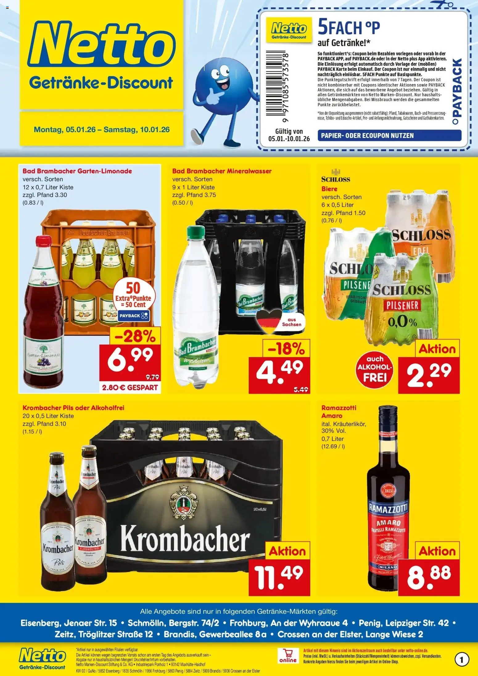 Netto Marken-Discount prospekt Zeitz	 – gültig ab 05.01.2026 | Seite: 1 | Produkte: Pils, Mineralwasser, Krombacher alkoholfrei, Ramazzotti