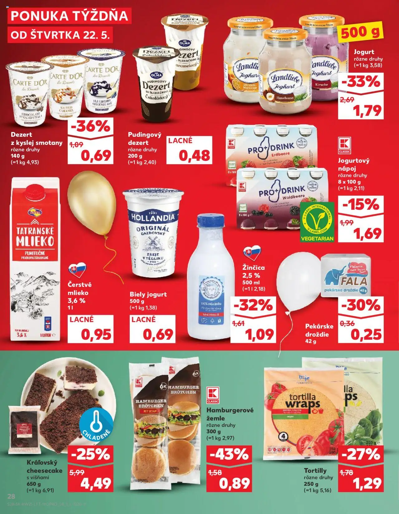 Nové Kaufland akcie – leták je platný od 22.05.2025 | Strana: 28 | Produkty: Mlieko, Jogurt, Tortilla, Hamburgerové žemle