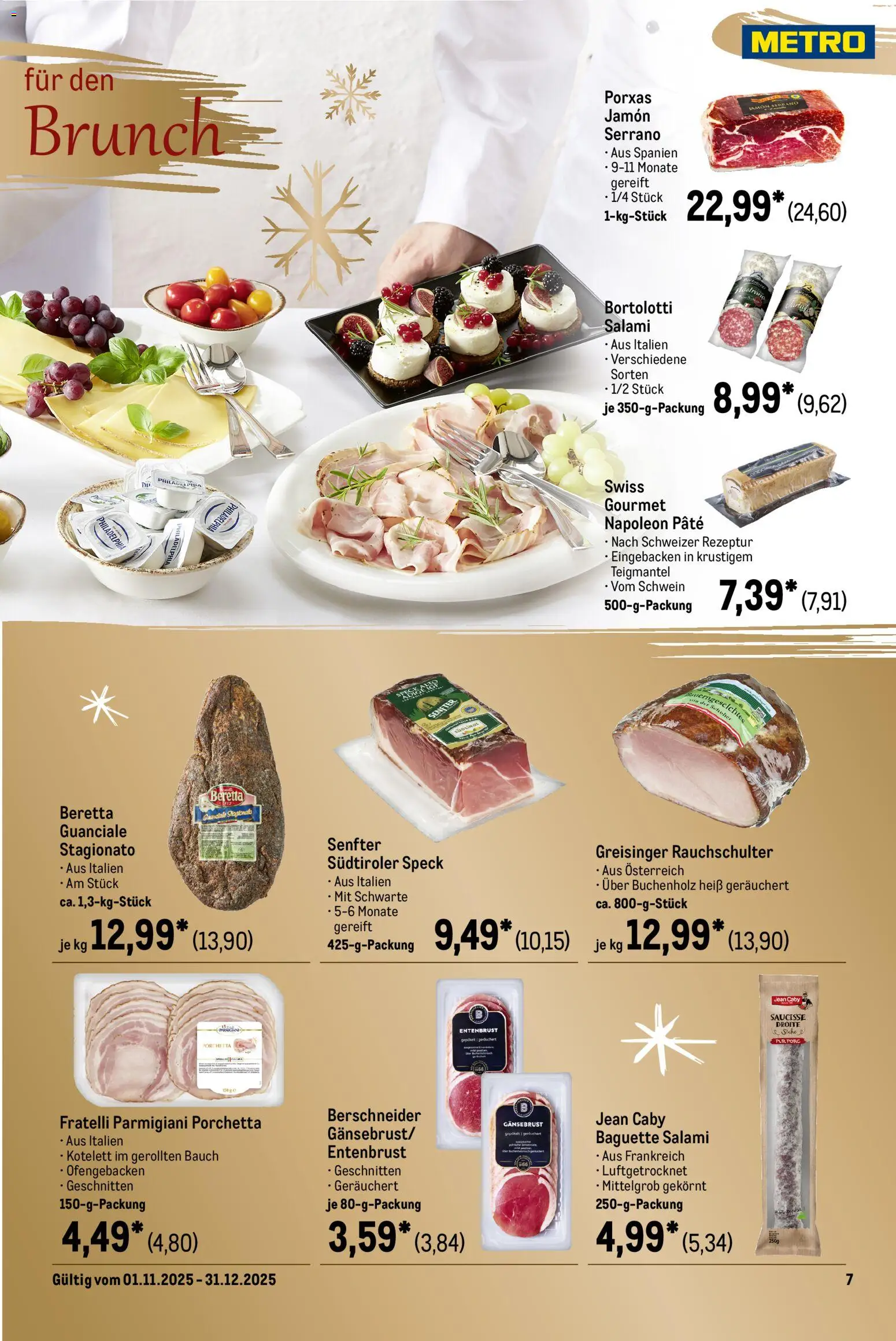 Metro Saisonkatalog Festliche Momente – gültig ab 01.11.2025 | Seite: 7 | Produkte: Philadelphia, Baguette, Salami