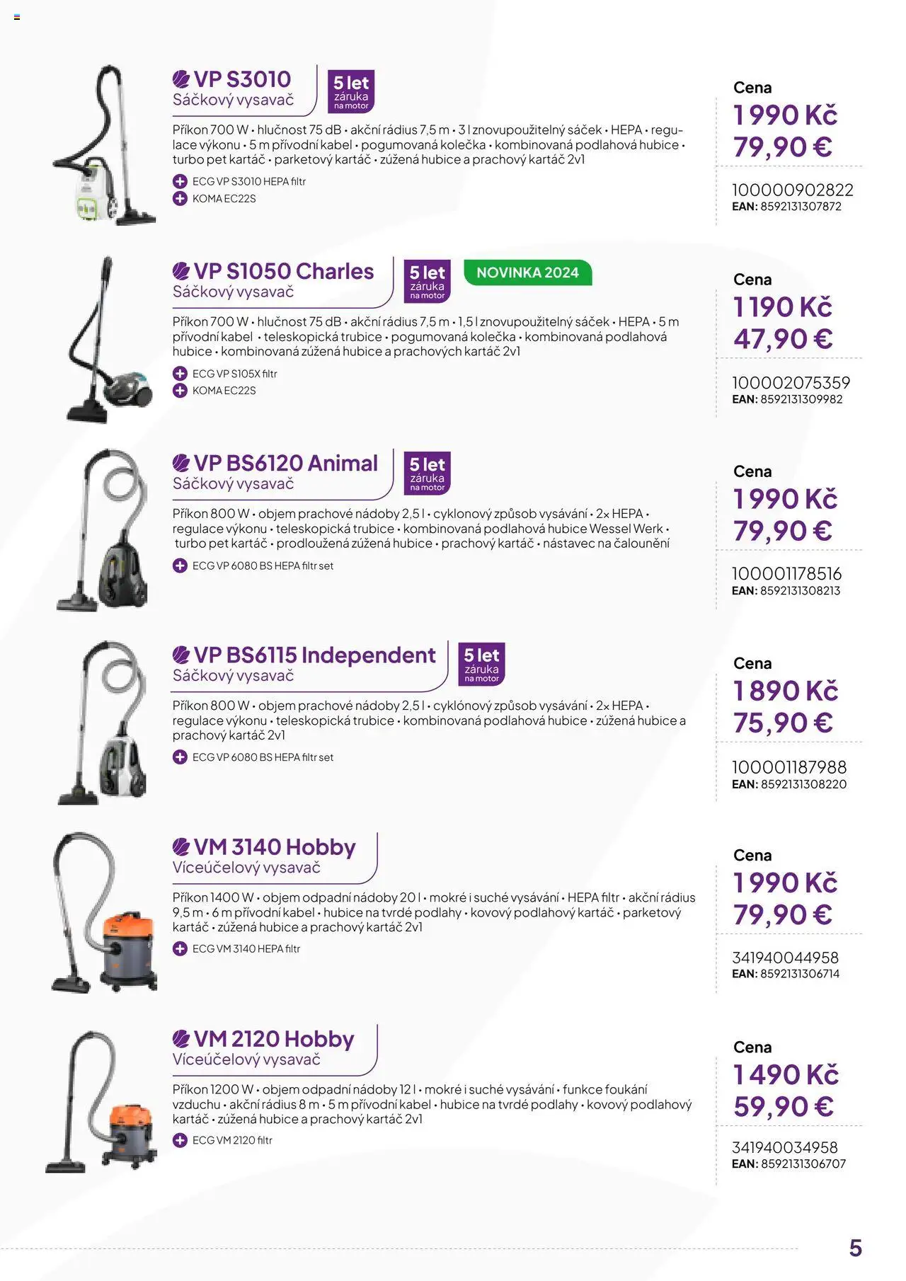 Expert elektro katalog - ECG - Malé domácí spotřebiče od 01.10.2024 | Strana: 5 | Produkty: Kabel, Vysavač, Kartáč, Sáček